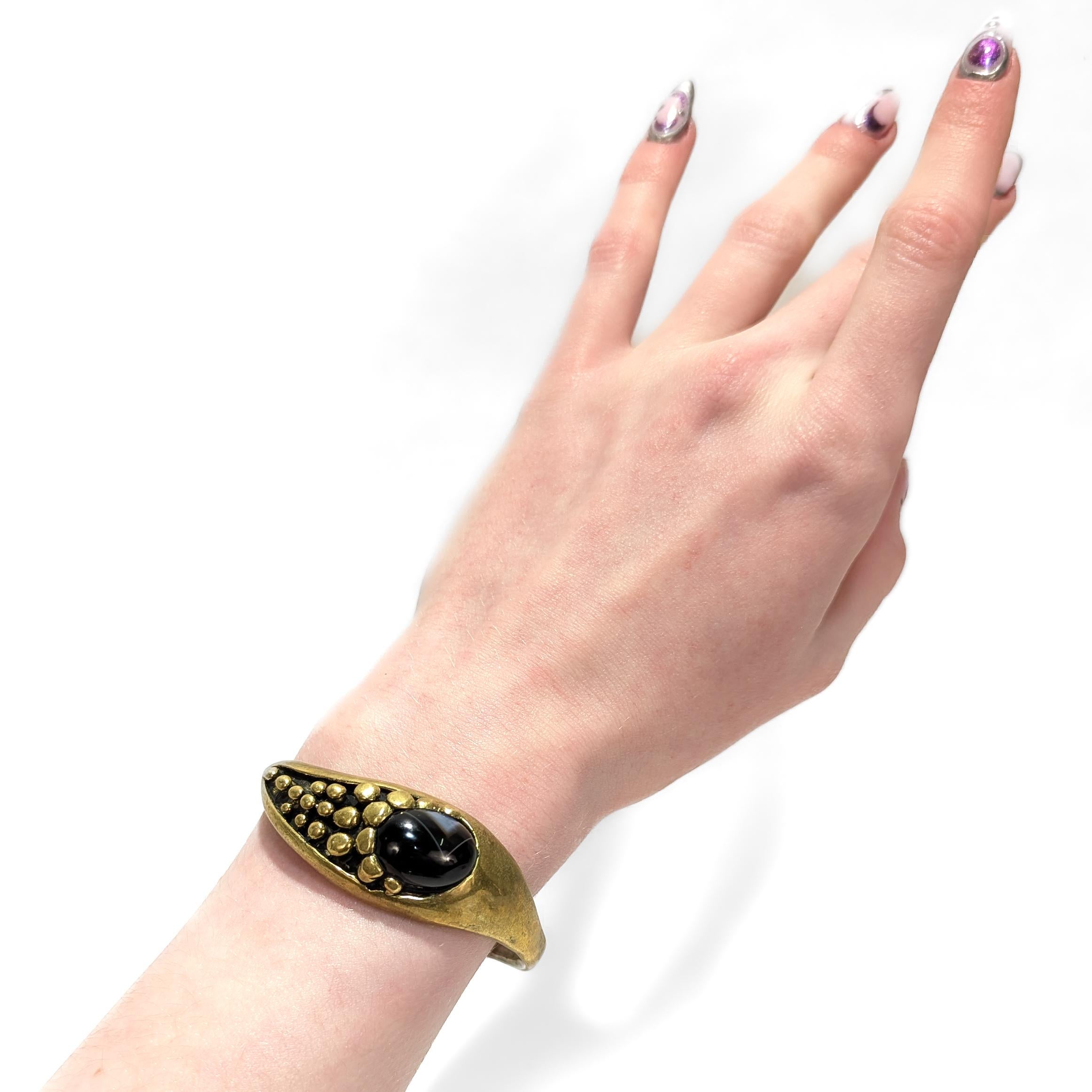 Retro Signed Mid-Century Stephen Burr Brutalist Cast Brass & Agate Cabochon Bracelet For Sale