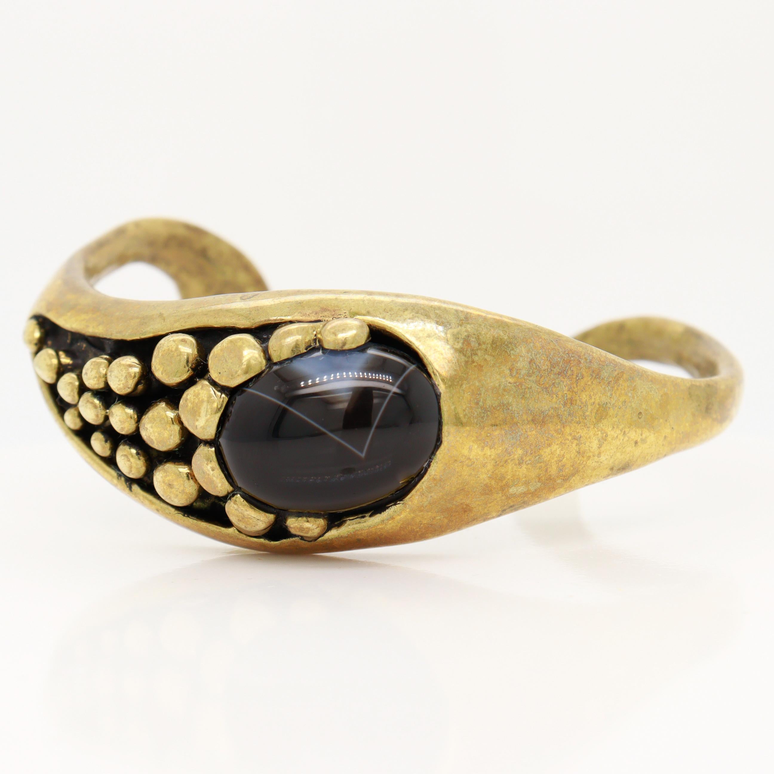 Women's Signed Mid-Century Stephen Burr Brutalist Cast Brass & Agate Cabochon Bracelet For Sale