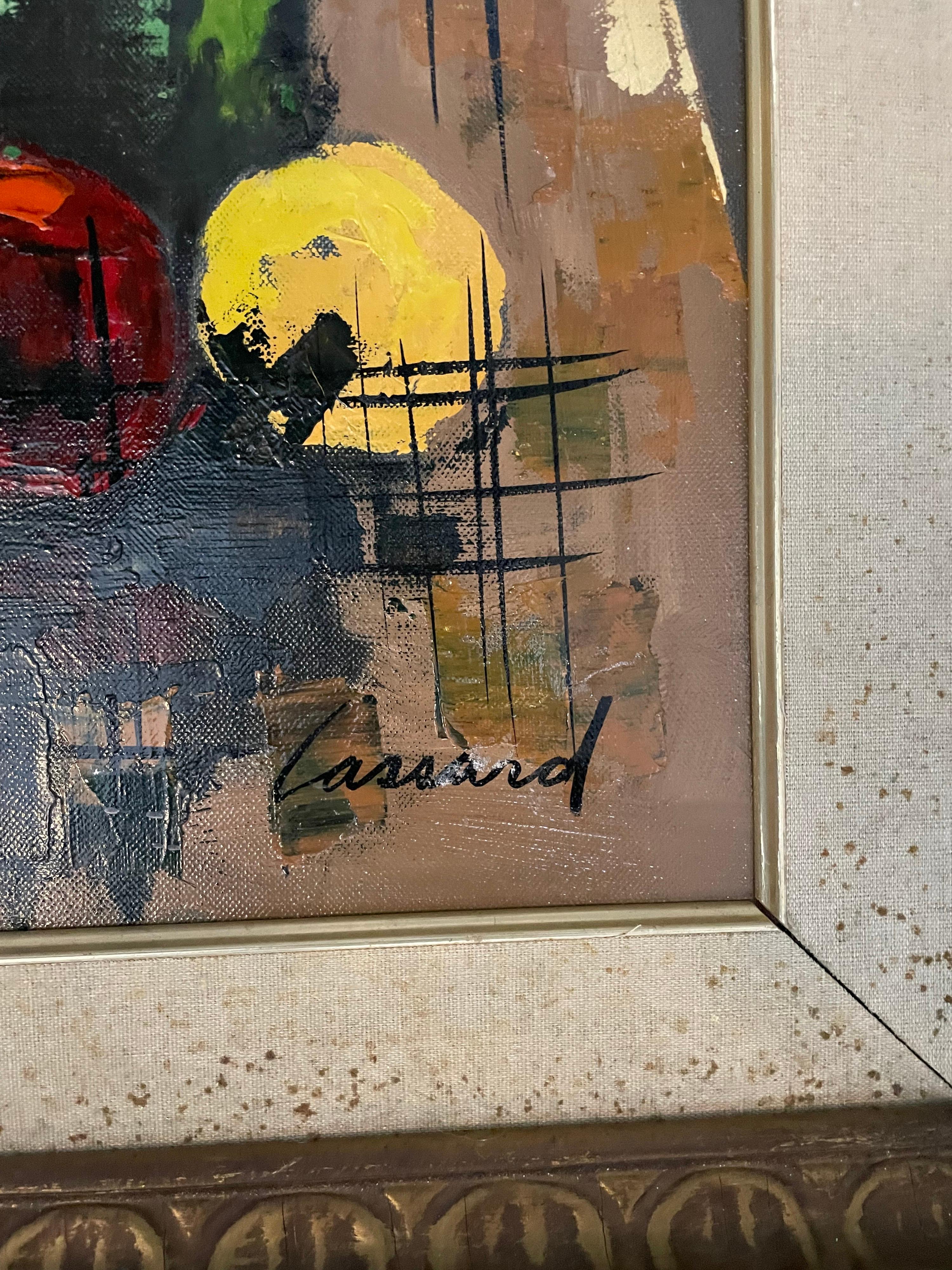 Original Mid-Century Modern still life painting. Signed by the artist Cassard. Oil paint on canvas, encased in an antique wooden frame with beautiful detail and fabric matting.