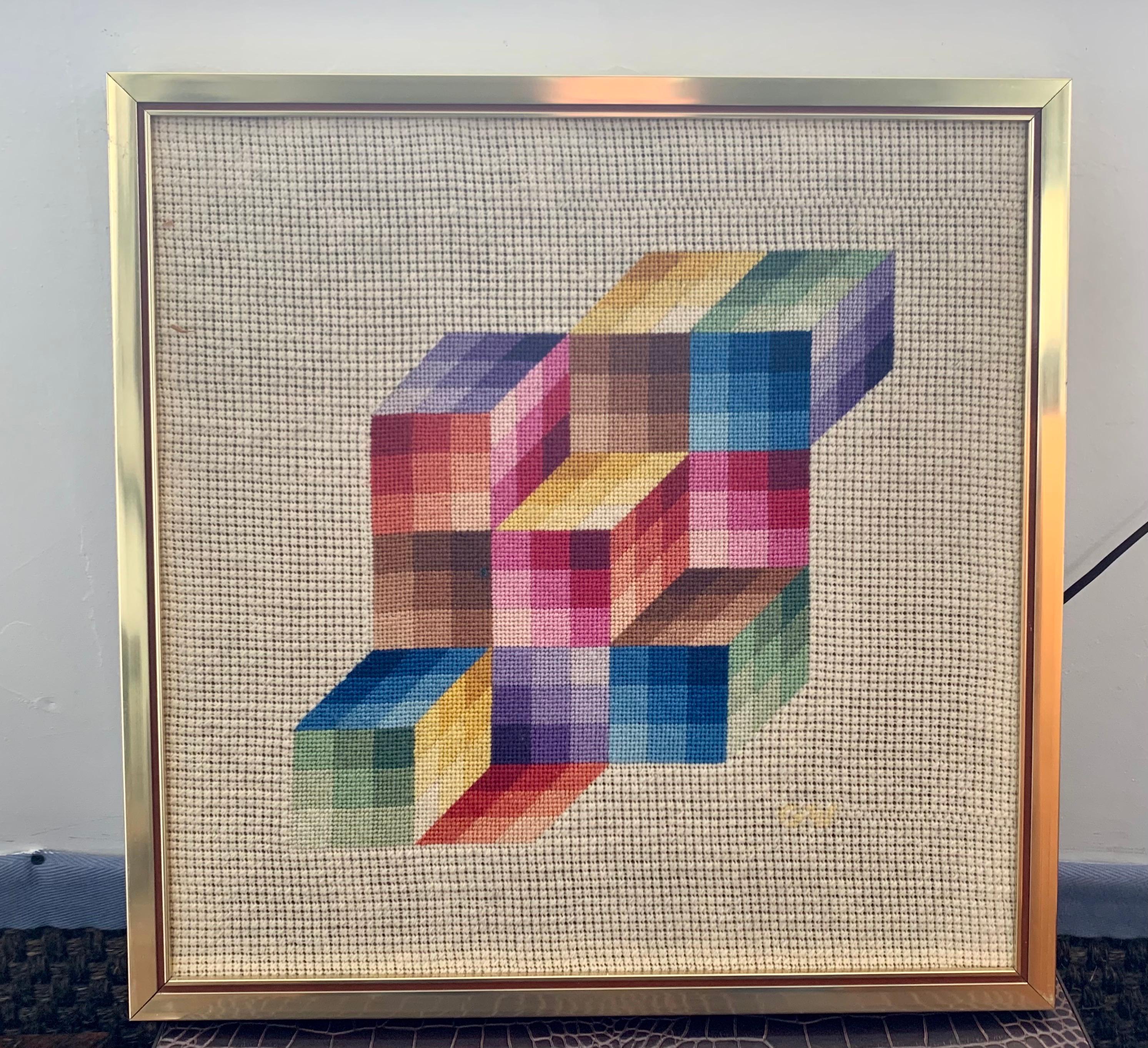 Signed Midcentury Cubist Chevron Textile Tapestry Framed Art In Good Condition In West Hartford, CT