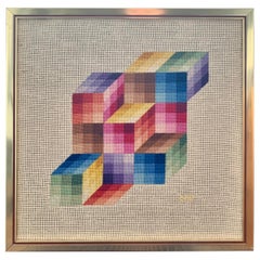Signed Midcentury Cubist Chevron Textile Tapestry Framed Art