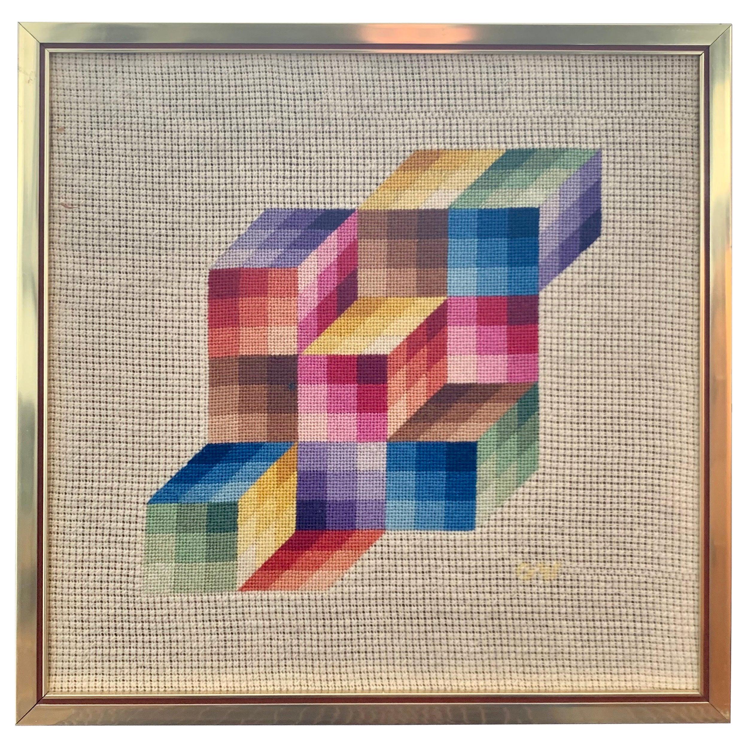 Signed Midcentury Cubist Chevron Textile Tapestry Framed Art