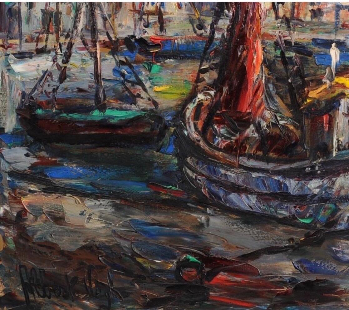 Inconnu Peinture du milieu du siècle signée représentant des bateaux de pêche à quai en vente
