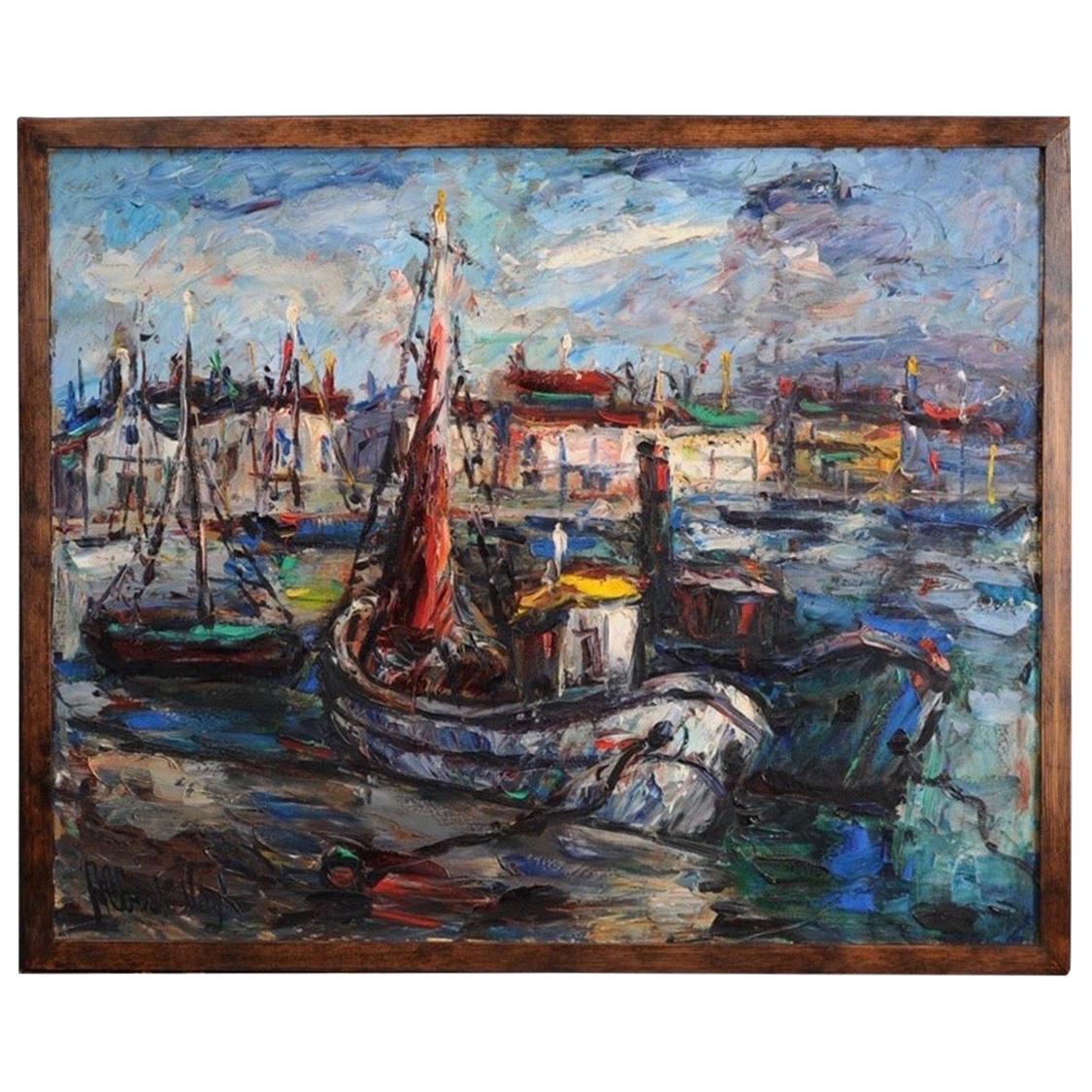 Peinture du milieu du siècle signée représentant des bateaux de pêche à quai en vente