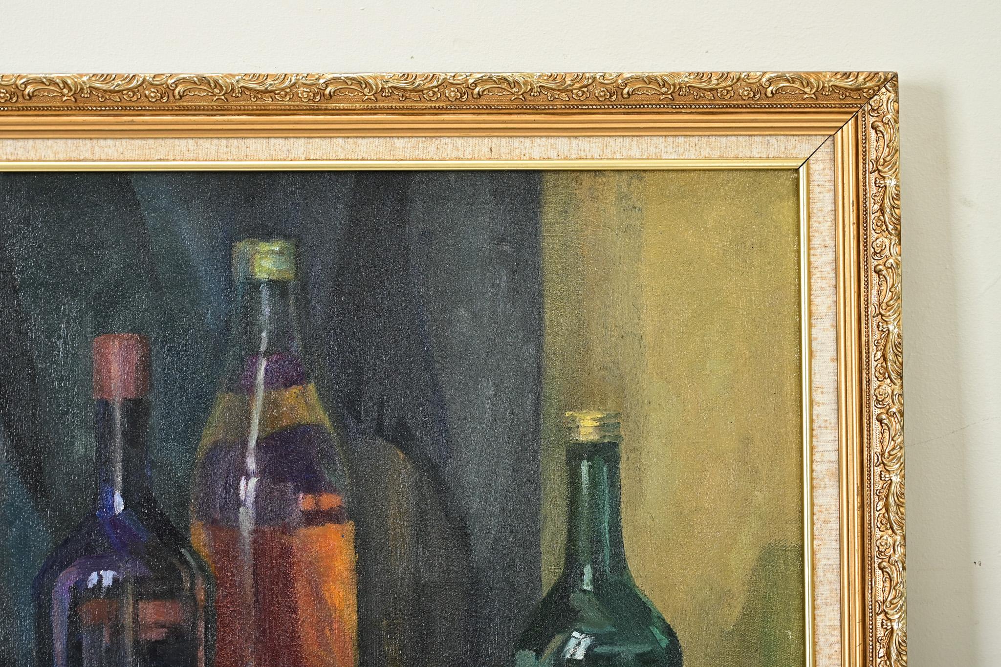 Russian Signed Midcentury Still-life with Bottles & Fruit For Sale
