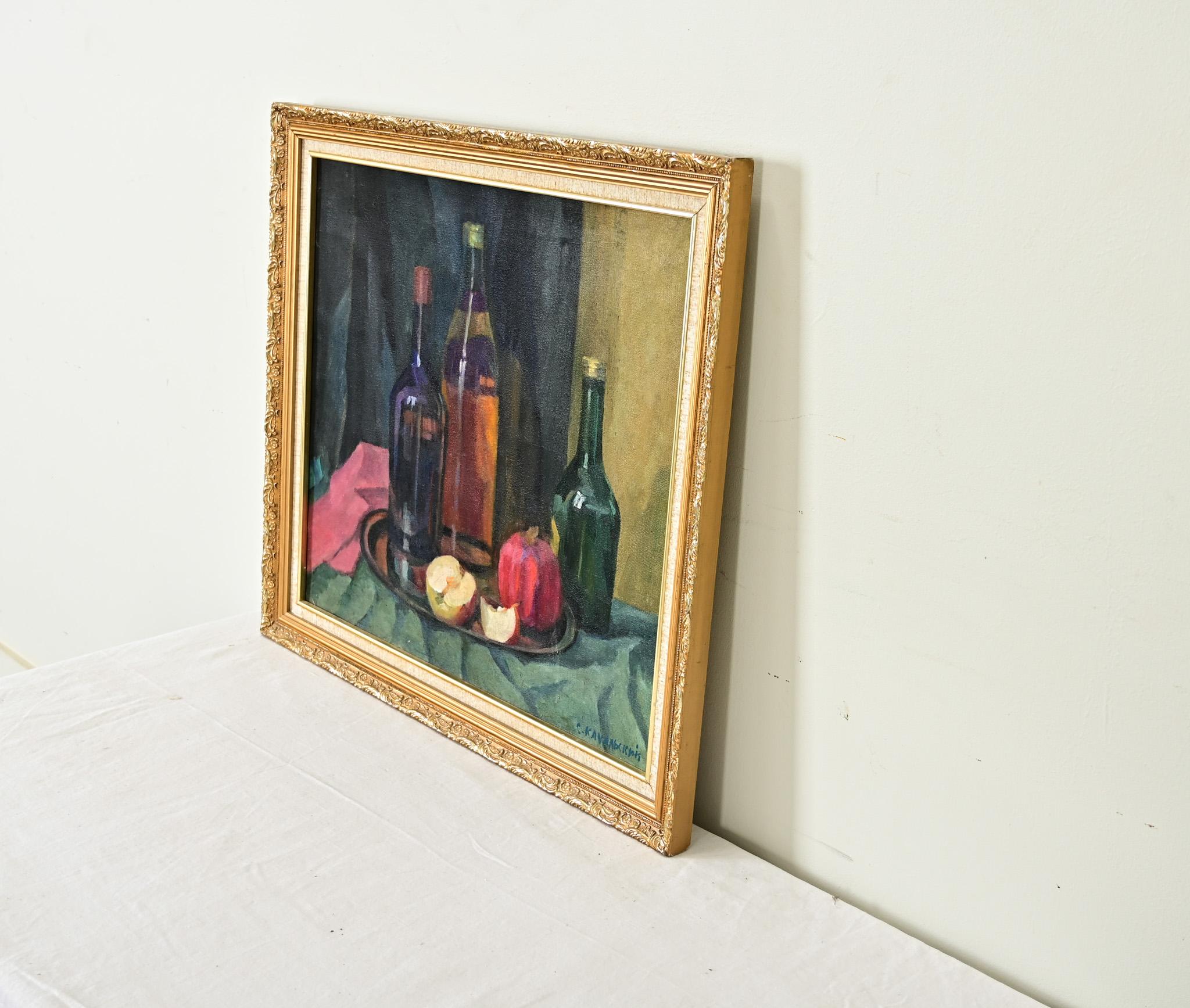 20th Century Signed Midcentury Still-life with Bottles & Fruit For Sale