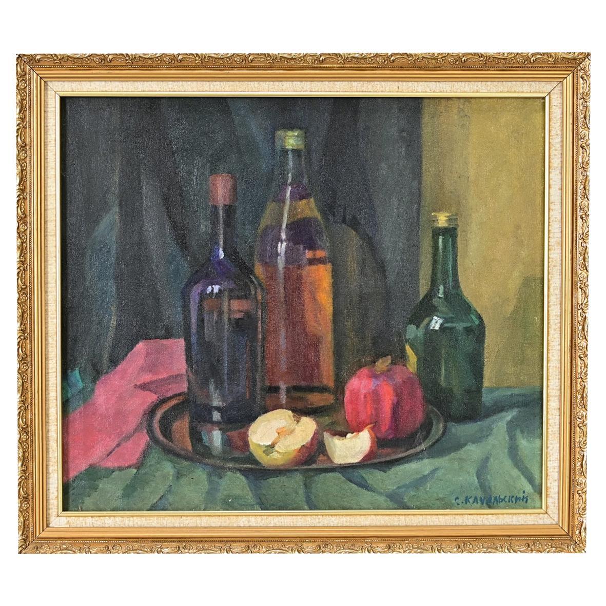 Signed Midcentury Still-life with Bottles & Fruit For Sale