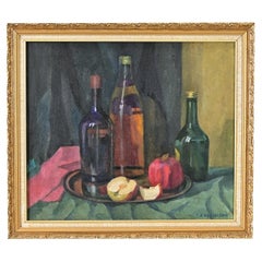 Vintage Signed Midcentury Still-life with Bottles & Fruit