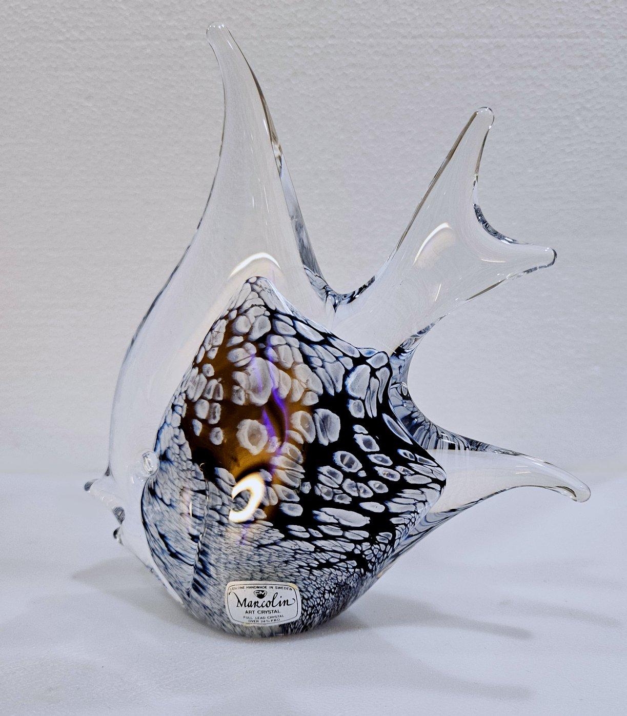 Escultura de pez de vidrio con infusión de Millefiori firmada por Josef Marcolin, etiqueta original Vidrio en venta