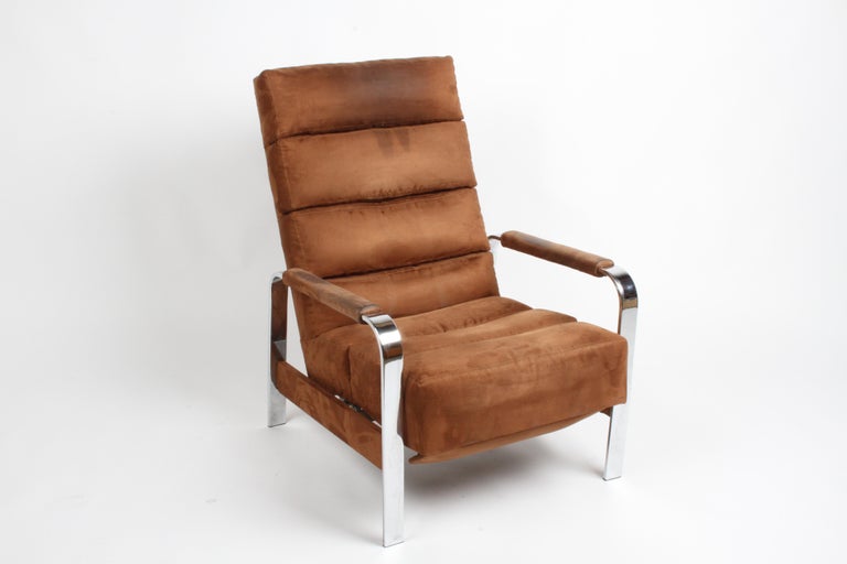 Rarely seen Milo Baughman Mid-Century Modern recliner lounge chair with channeled suede cushions, on a chrome frame. This classic 1970s modern lounger, retains the original Thayer-Coggin labels including designed by Milo Baughman, but does show