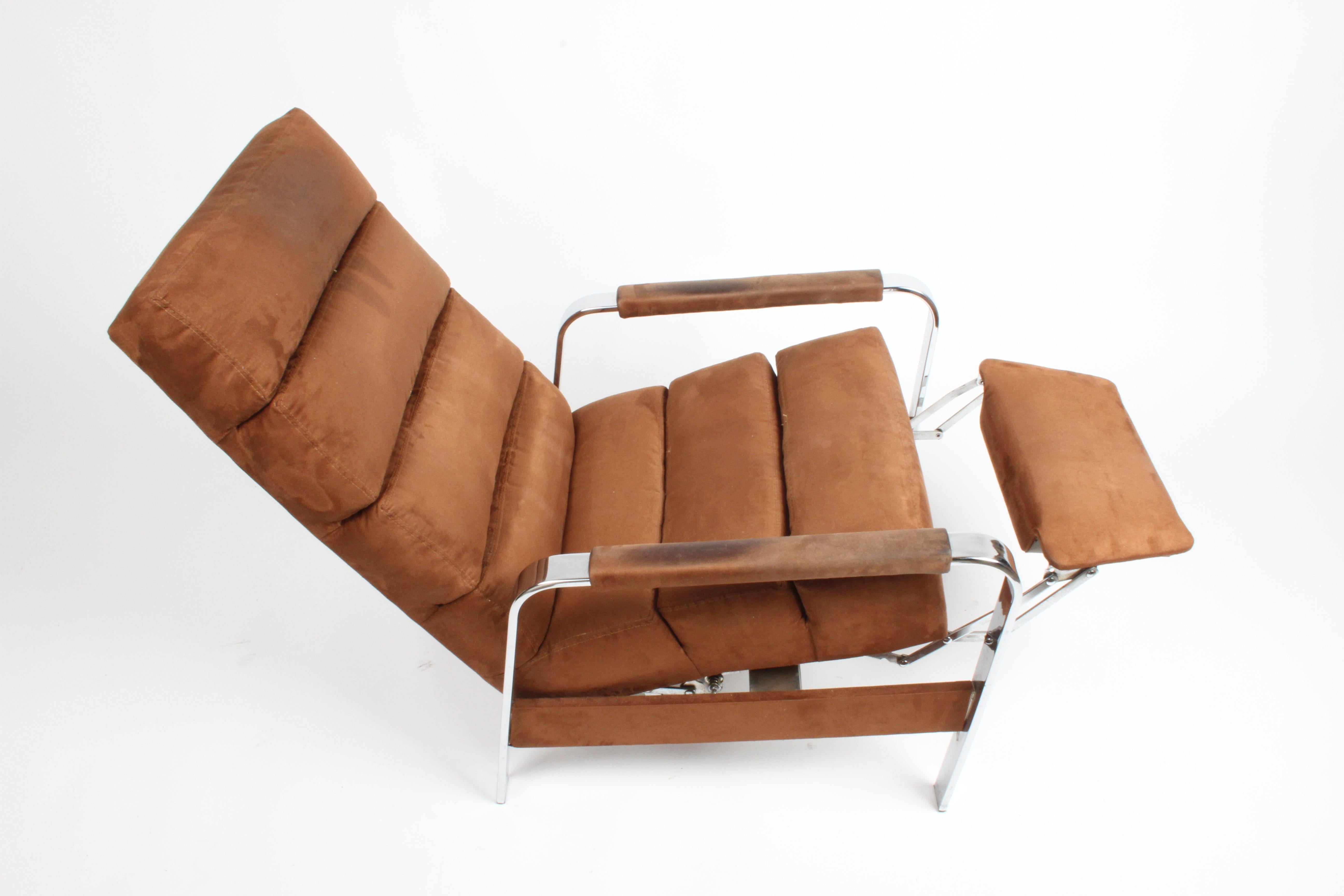 Mid-Century Modern Signed Milo Baughman Chrome & Brown Suede Lounge Recliner for Thayer-Coggin 1976