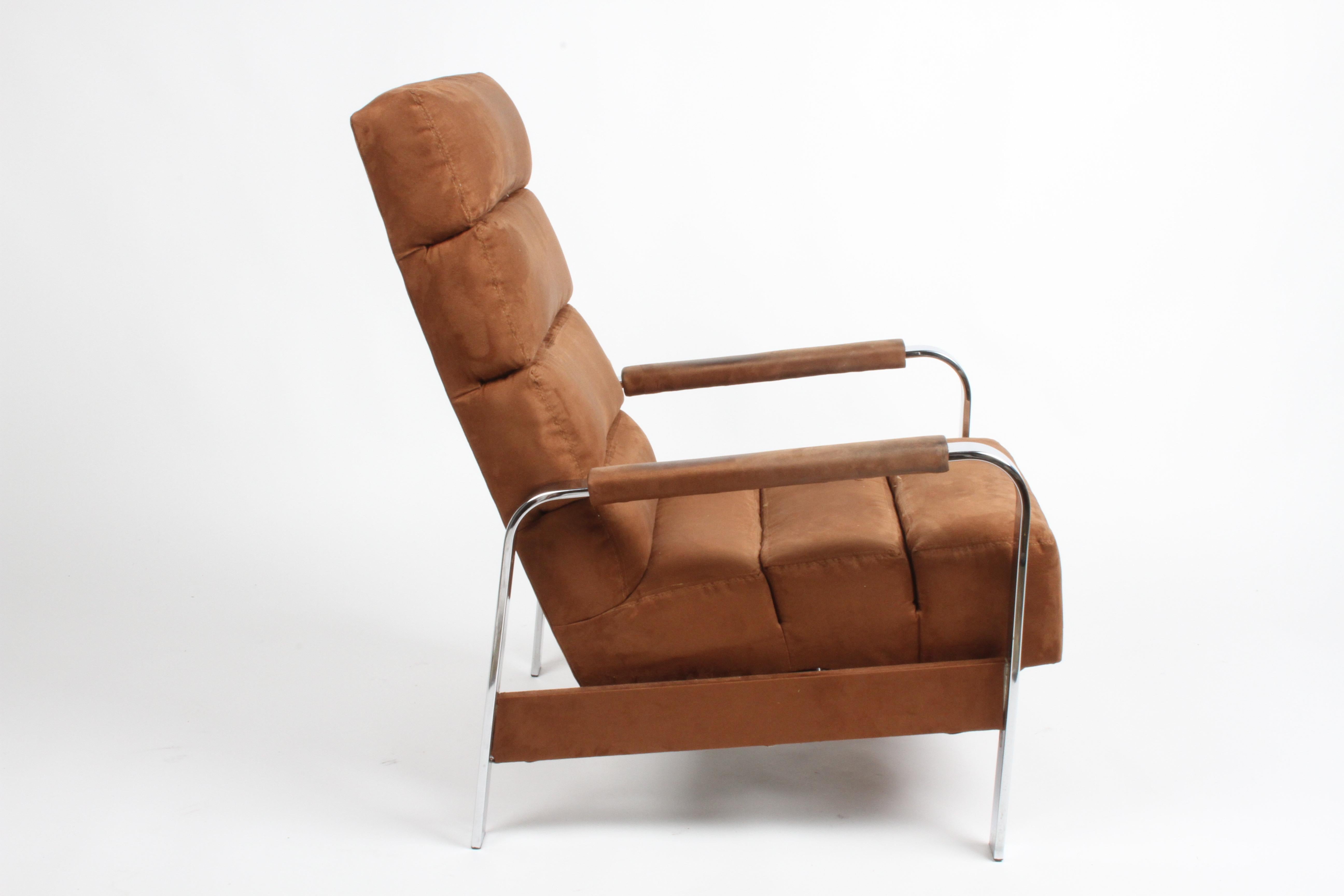 American Signed Milo Baughman Chrome & Brown Suede Lounge Recliner for Thayer-Coggin 1976