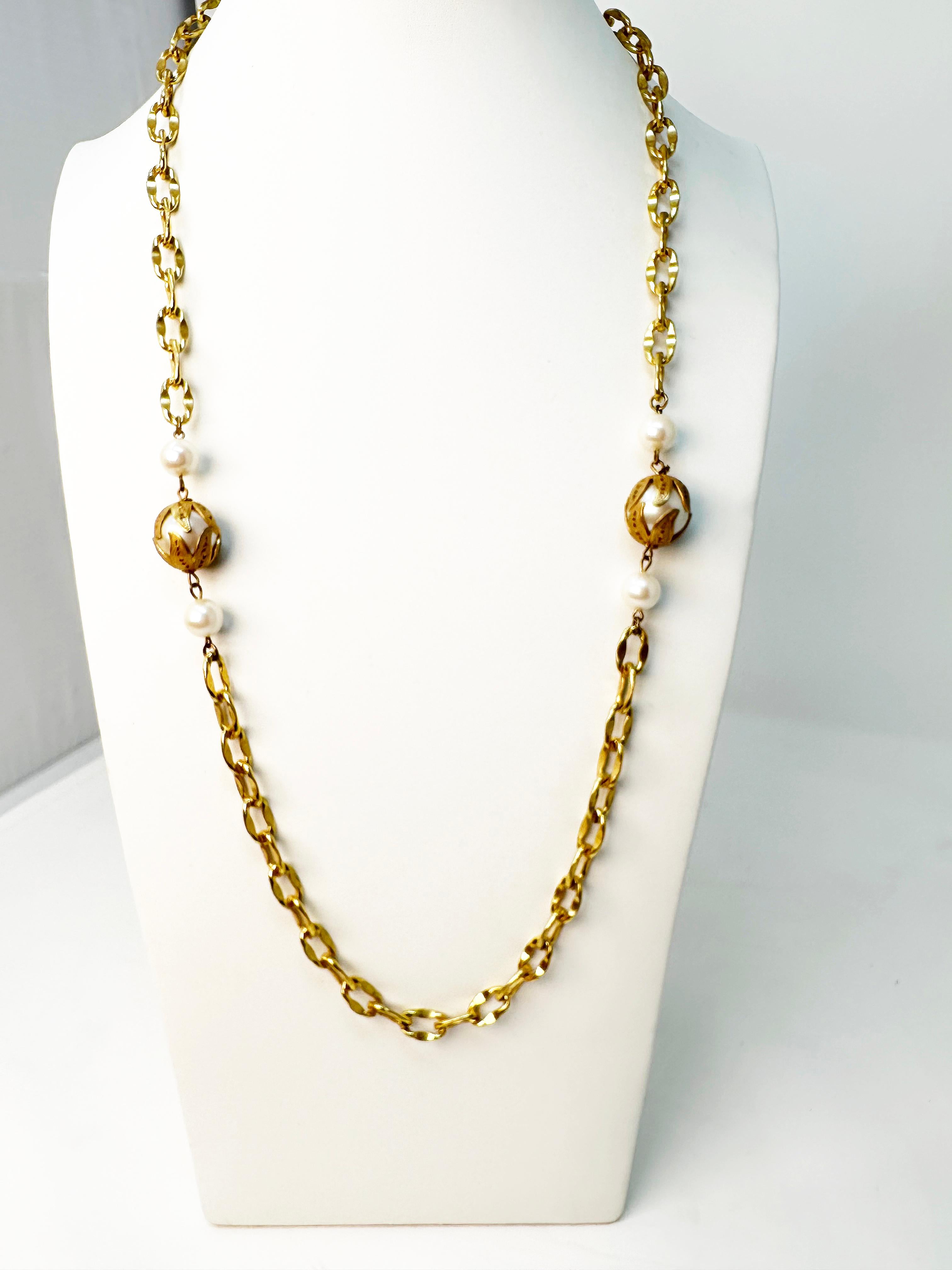 Signed Miriam Haskell Multi-Baroque Pearl, Gilt,  Large Chain link Necklace 2