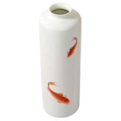 Signed MK BO JIA Porcelain Iron Red, Gilt Decorated Koi Fish Vase Vessel Japan