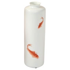 Signed MK BO JIA Porcelain Iron Red, Gilt Decorated Koi Fish Vase Vessel Japan