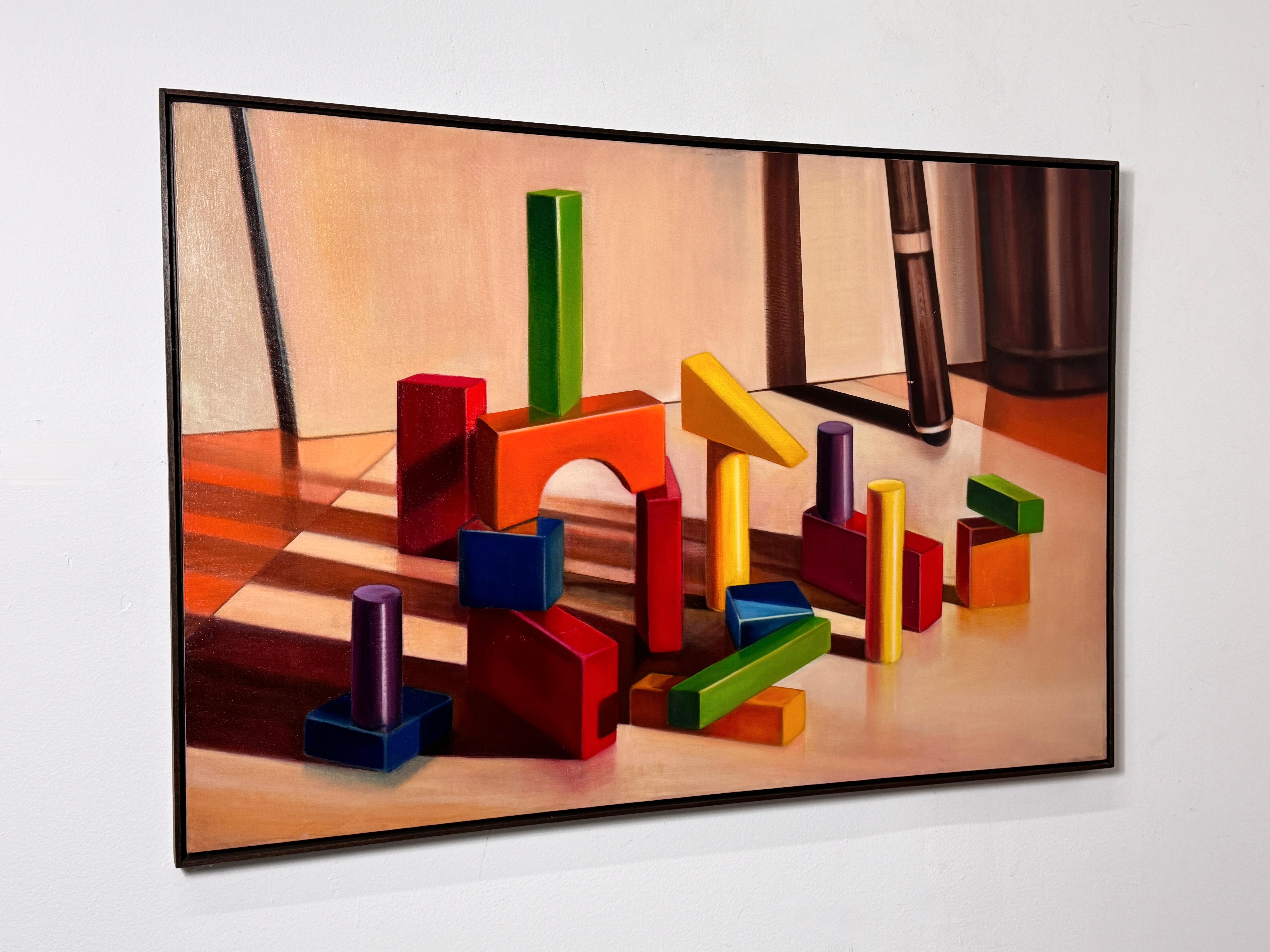 A captivating signed modern still life original oil painting on stretched canvas

Colorful building blocks with incredible use of light and shadows giving an almost surrealist quality 
Signed by the artist and dated 1993

49 inch width
32.5 inch