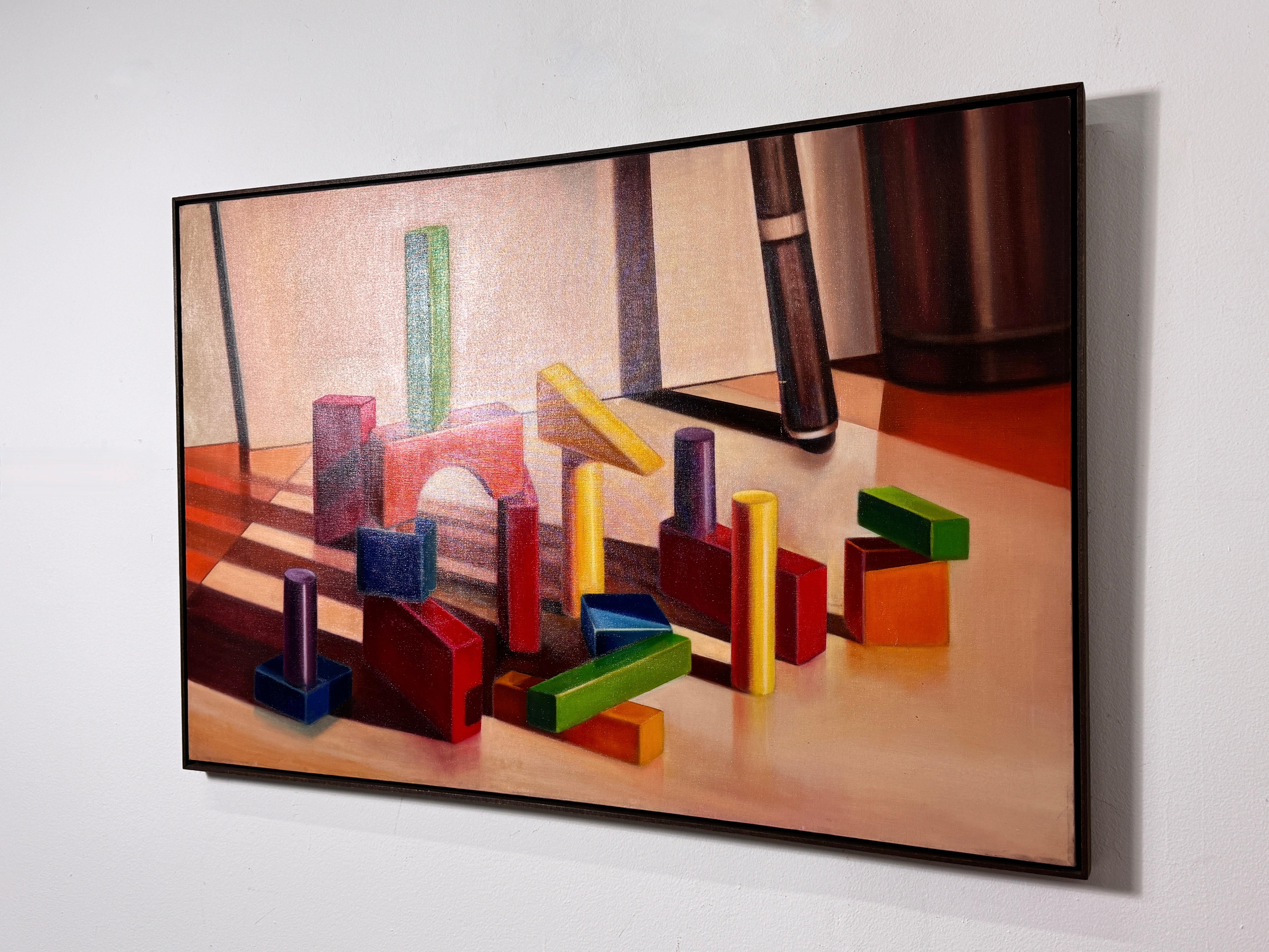 American Signed Modern Abstract Colorful Blocks Still Life Original Painting on Canvas For Sale
