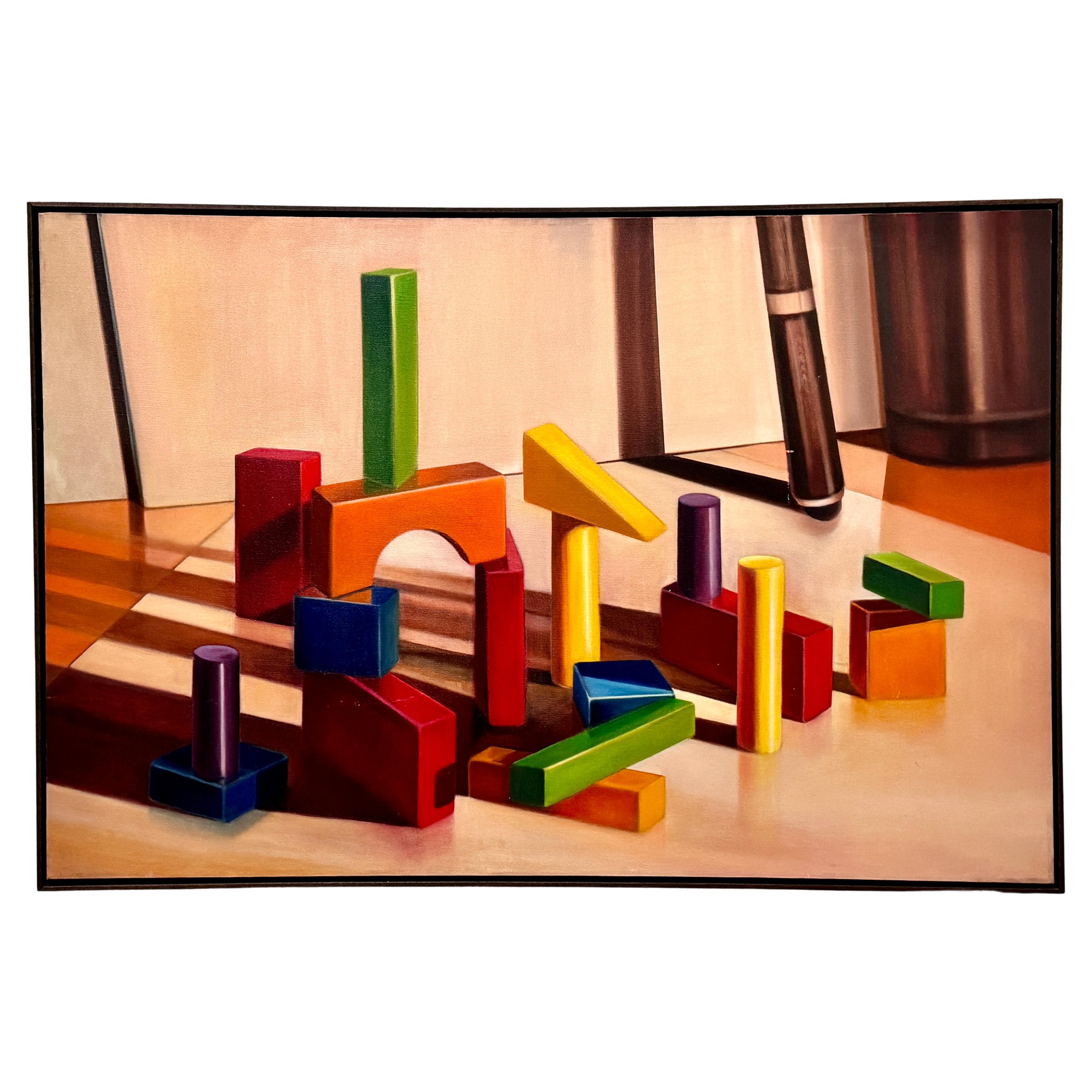 Signed Modern Abstract Colorful Blocks Still Life Original Painting on Canvas For Sale
