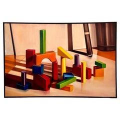 Vintage Signed Modern Abstract Colorful Blocks Still Life Original Painting on Canvas