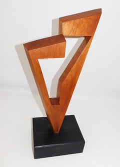 Signed Modern Abstract Constructivist Styled Cherry Wood Sculpture on Base
