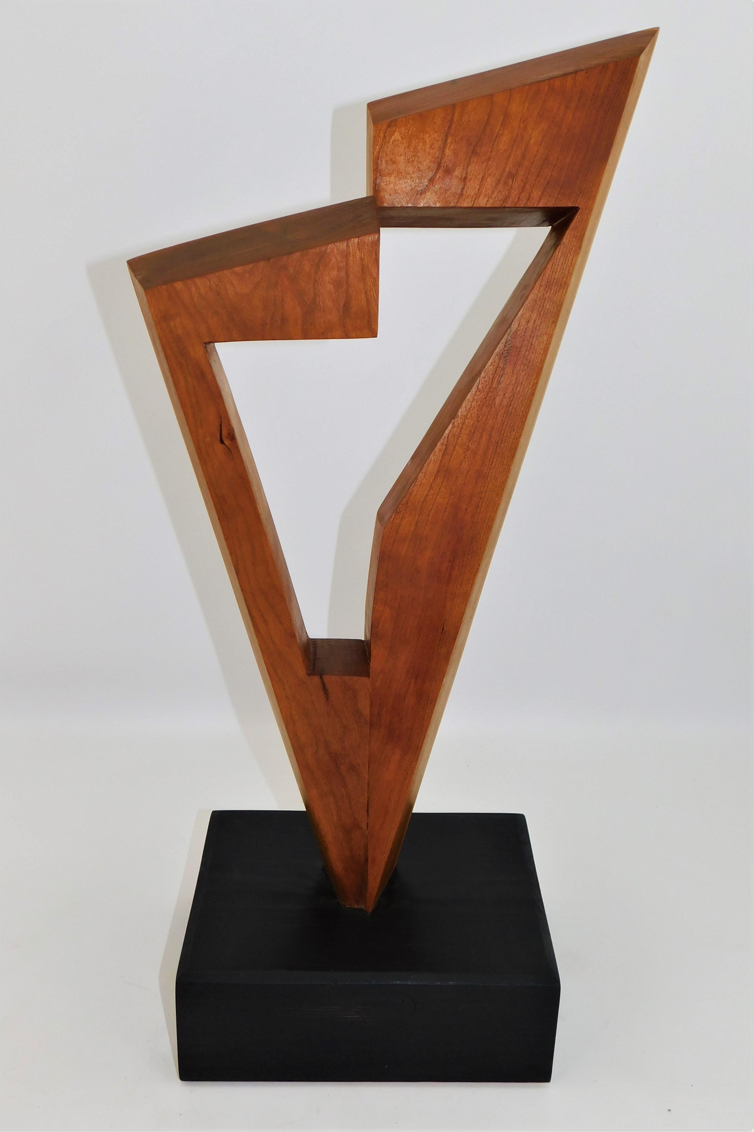 Mid-Century Modern Signed Modern Abstract Constructivist Styled Cherry Wood Sculpture on Base