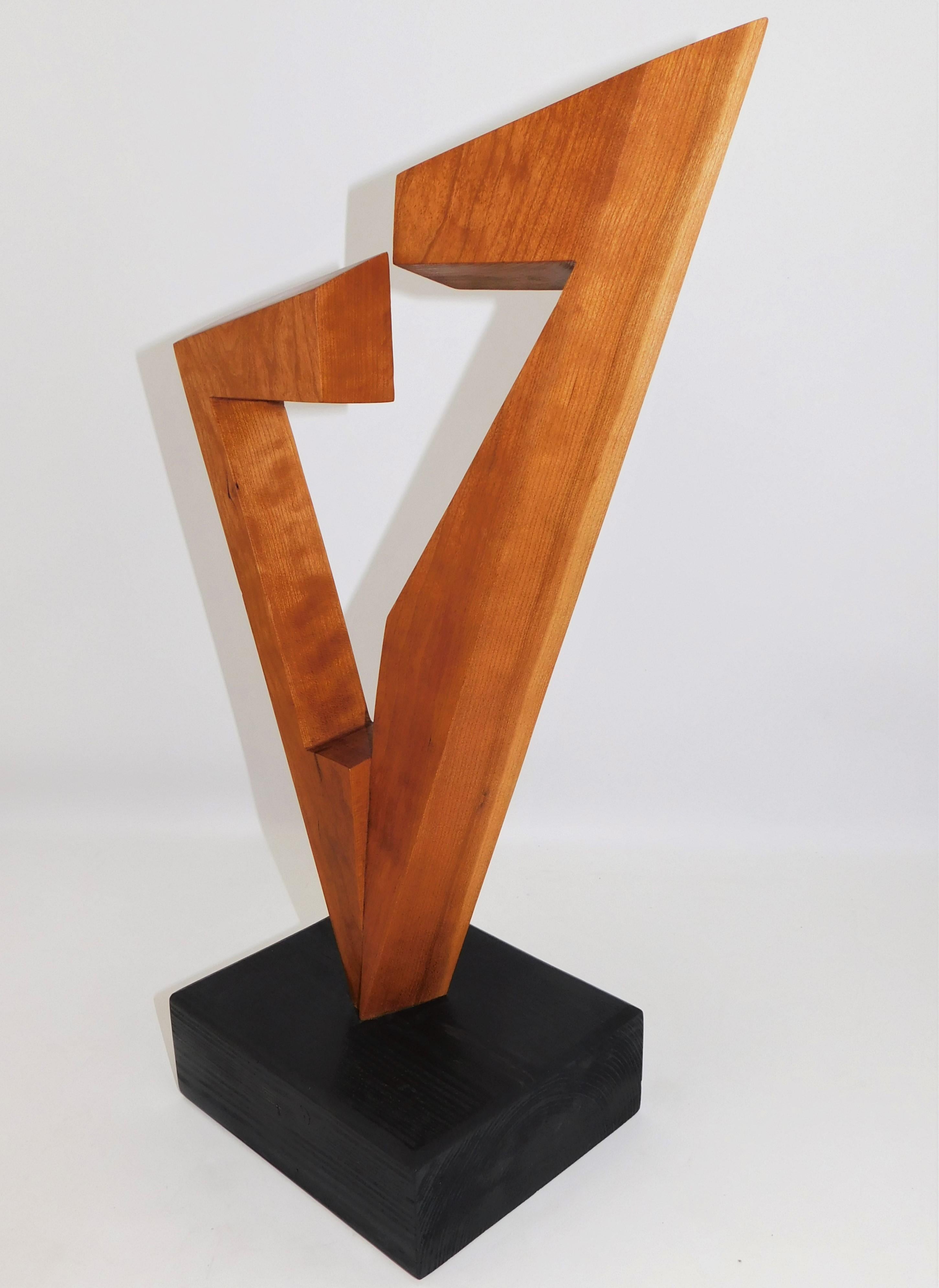 Canadian Signed Modern Abstract Constructivist Styled Cherry Wood Sculpture on Base