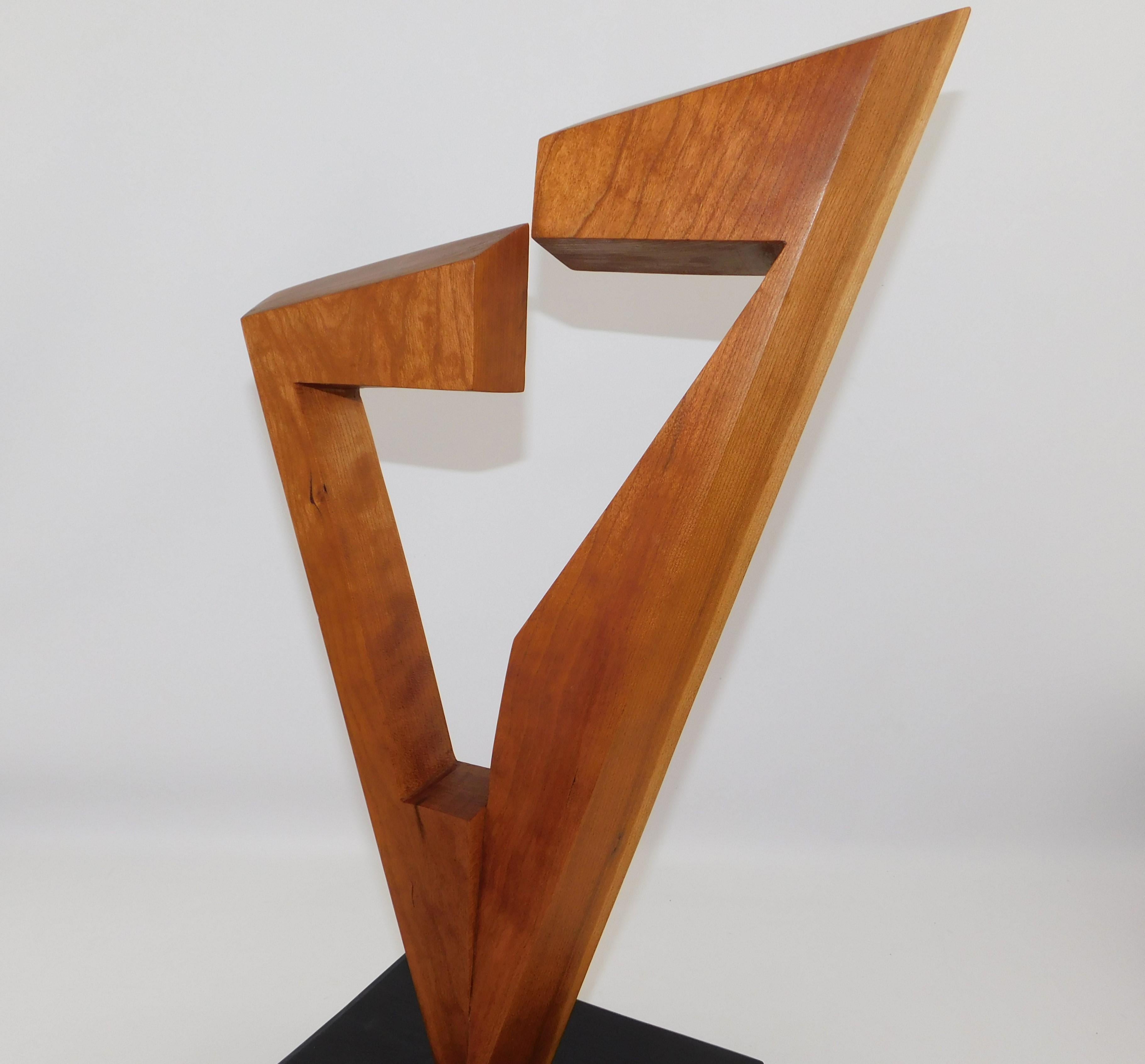 Hand-Crafted Signed Modern Abstract Constructivist Styled Cherry Wood Sculpture on Base