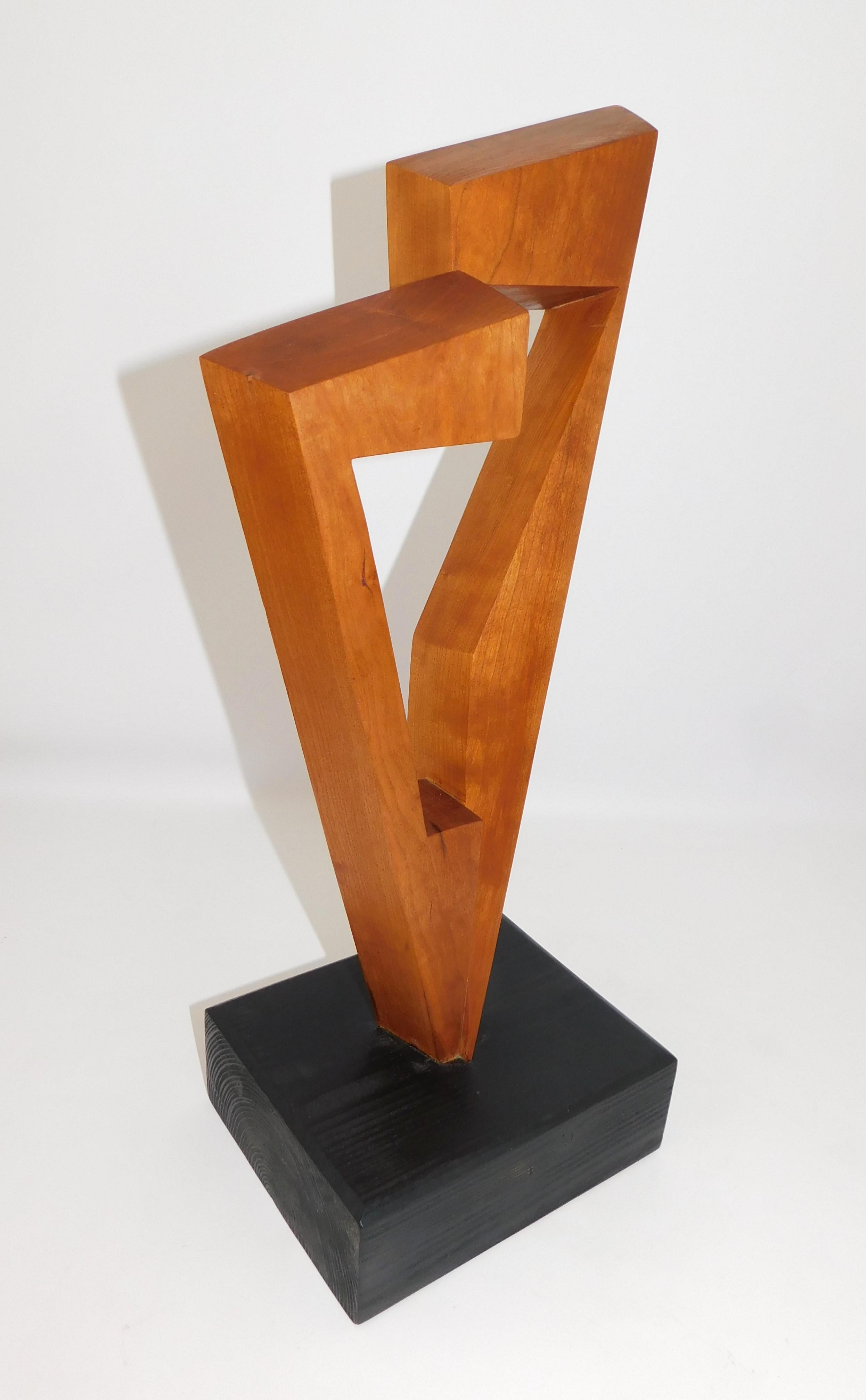 Signed Modern Abstract Constructivist Styled Cherry Wood Sculpture on Base In Good Condition In Hamilton, Ontario