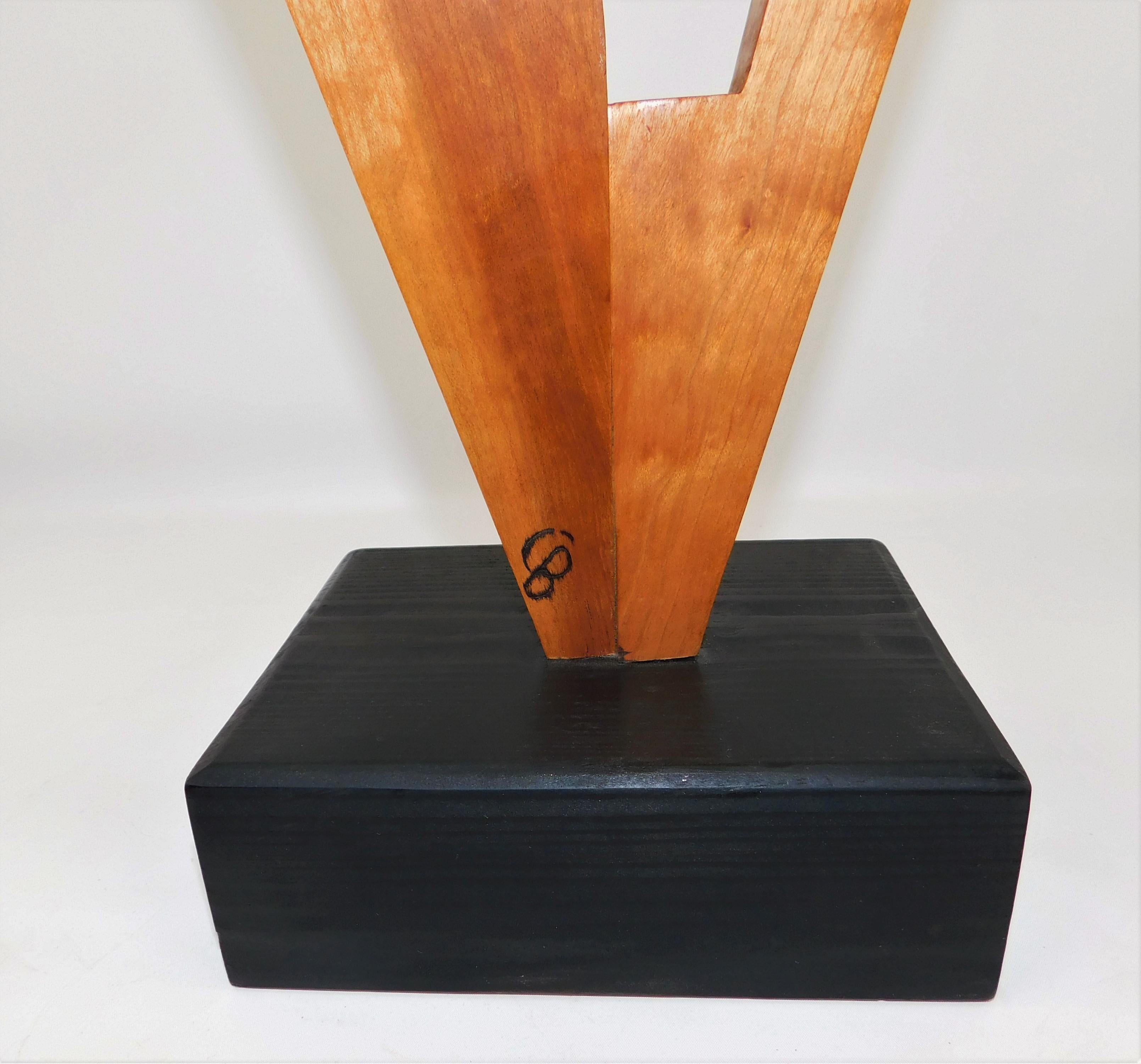 Contemporary Signed Modern Abstract Constructivist Styled Cherry Wood Sculpture on Base