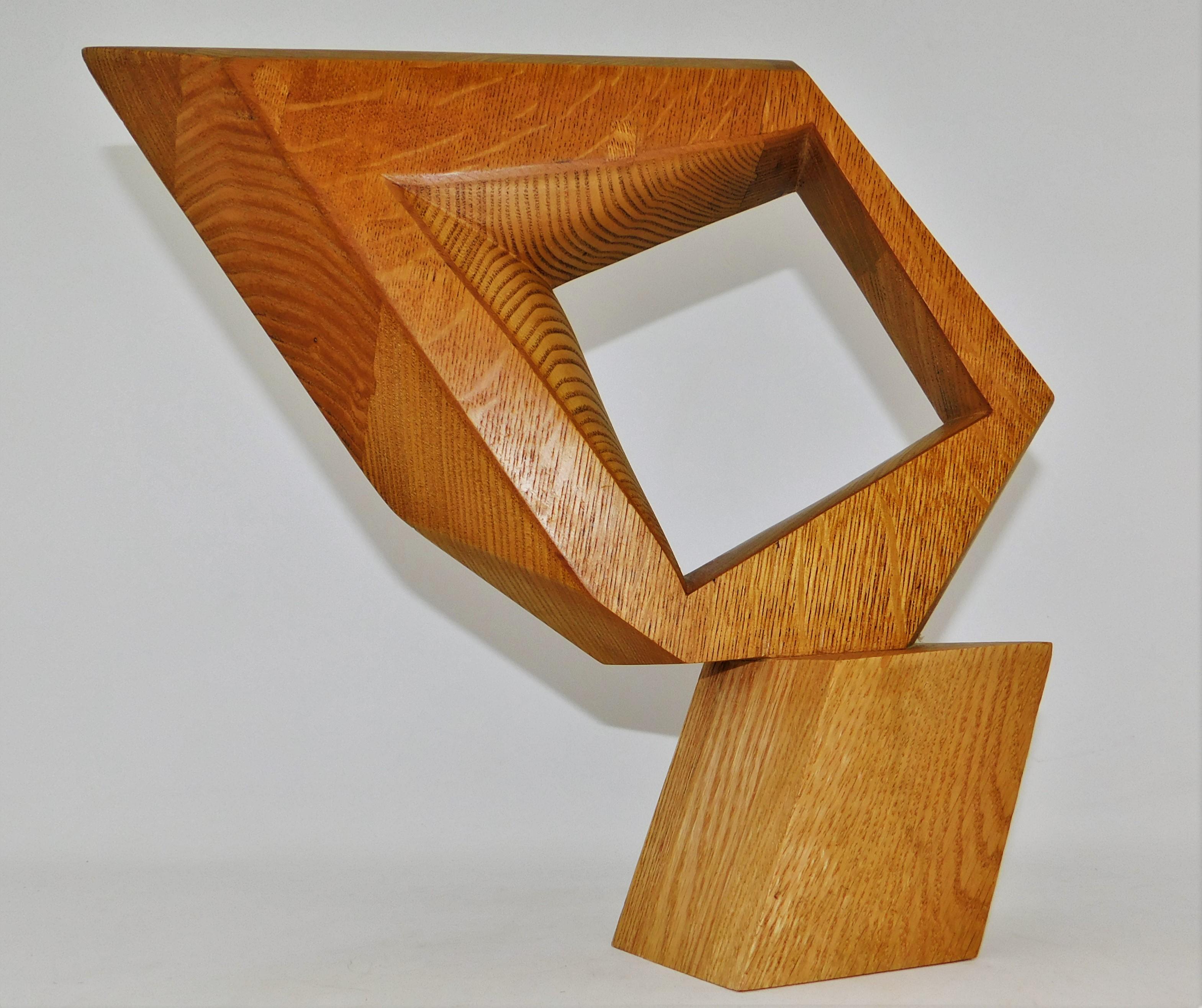 Signed Modern Abstract Constructivist Styled Wooden Oak Sculpture For Sale 1