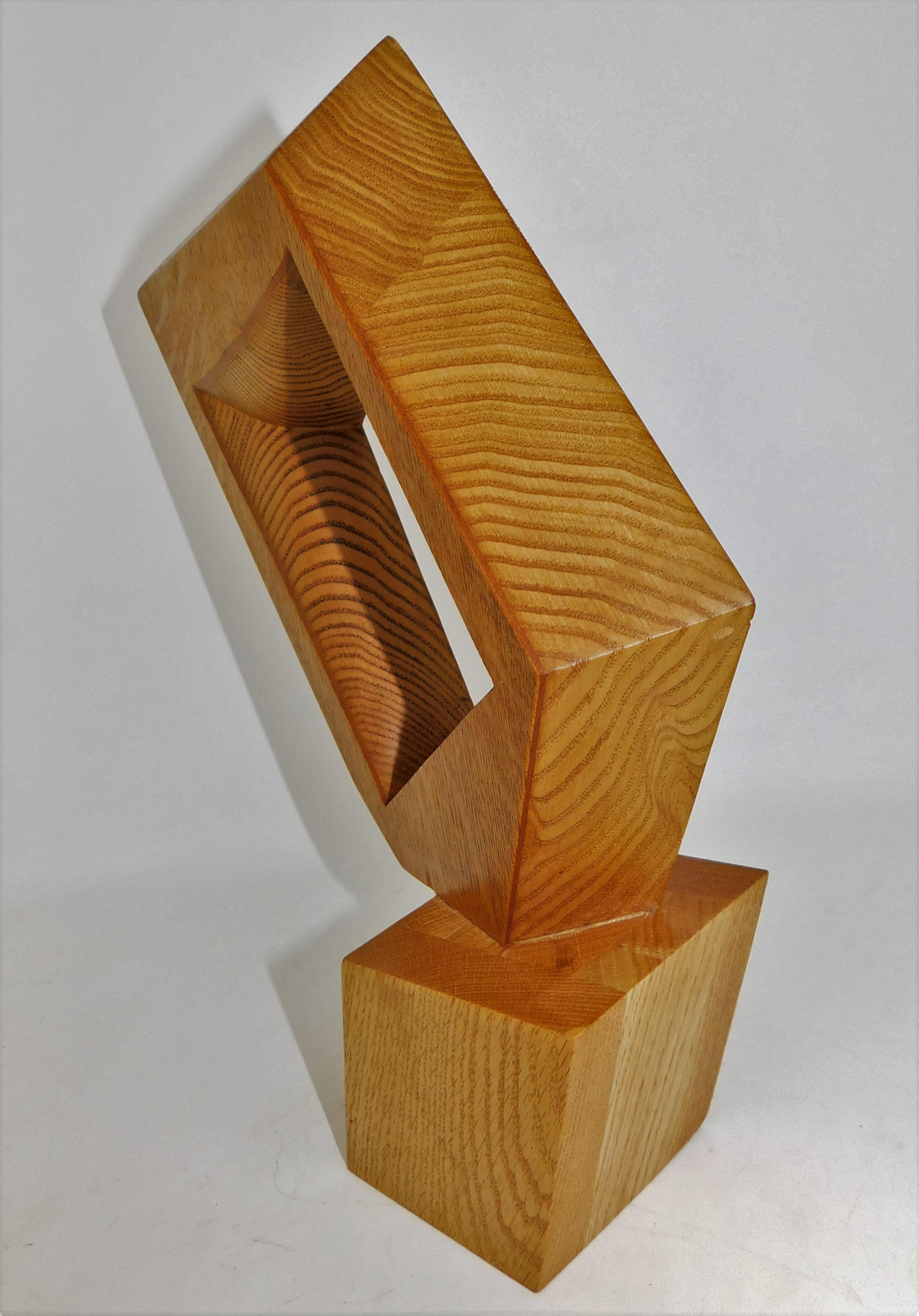 Signed Modern Abstract Constructivist Styled Wooden Oak Sculpture For Sale 2