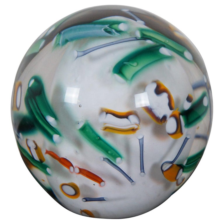 Signed Modern Abstract Millefiori Art Glass Hand Blown Paperweight Orb