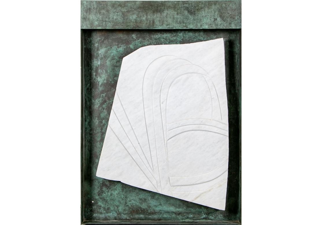 Signed Modern Marble Relief Sculpture Within a Verdigris Copper Frame For Sale