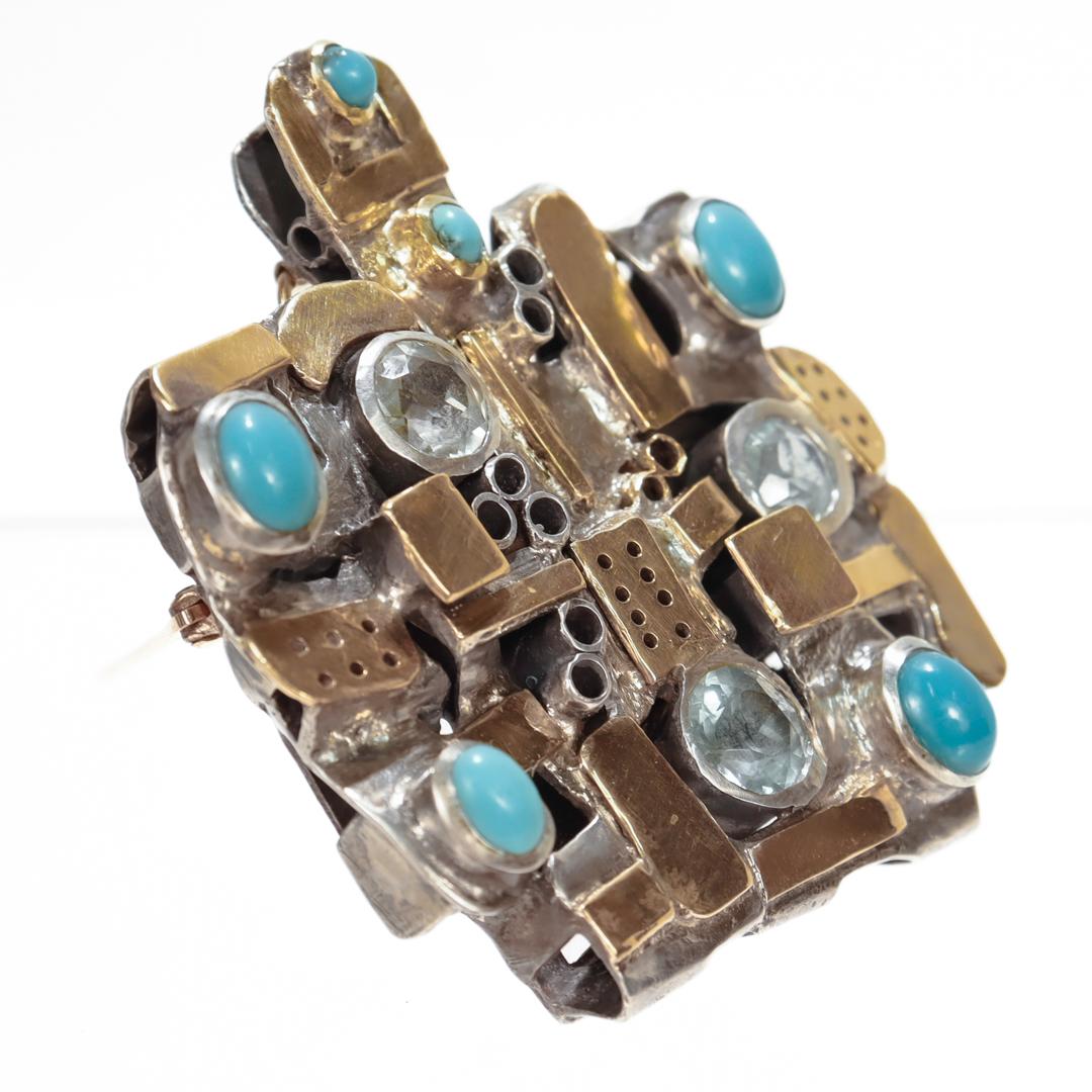 Signed Modernist 1970's Gold, Silver, & Gemstone Necklace/Brooch by Resia Schore In Good Condition For Sale In Philadelphia, PA