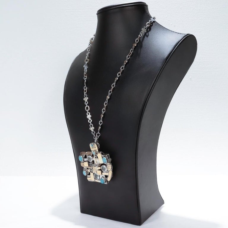 Collier Moderniste Brutaliste Années 1970 - Étain Martelé Avec Cabochon Rose - Parfait État
