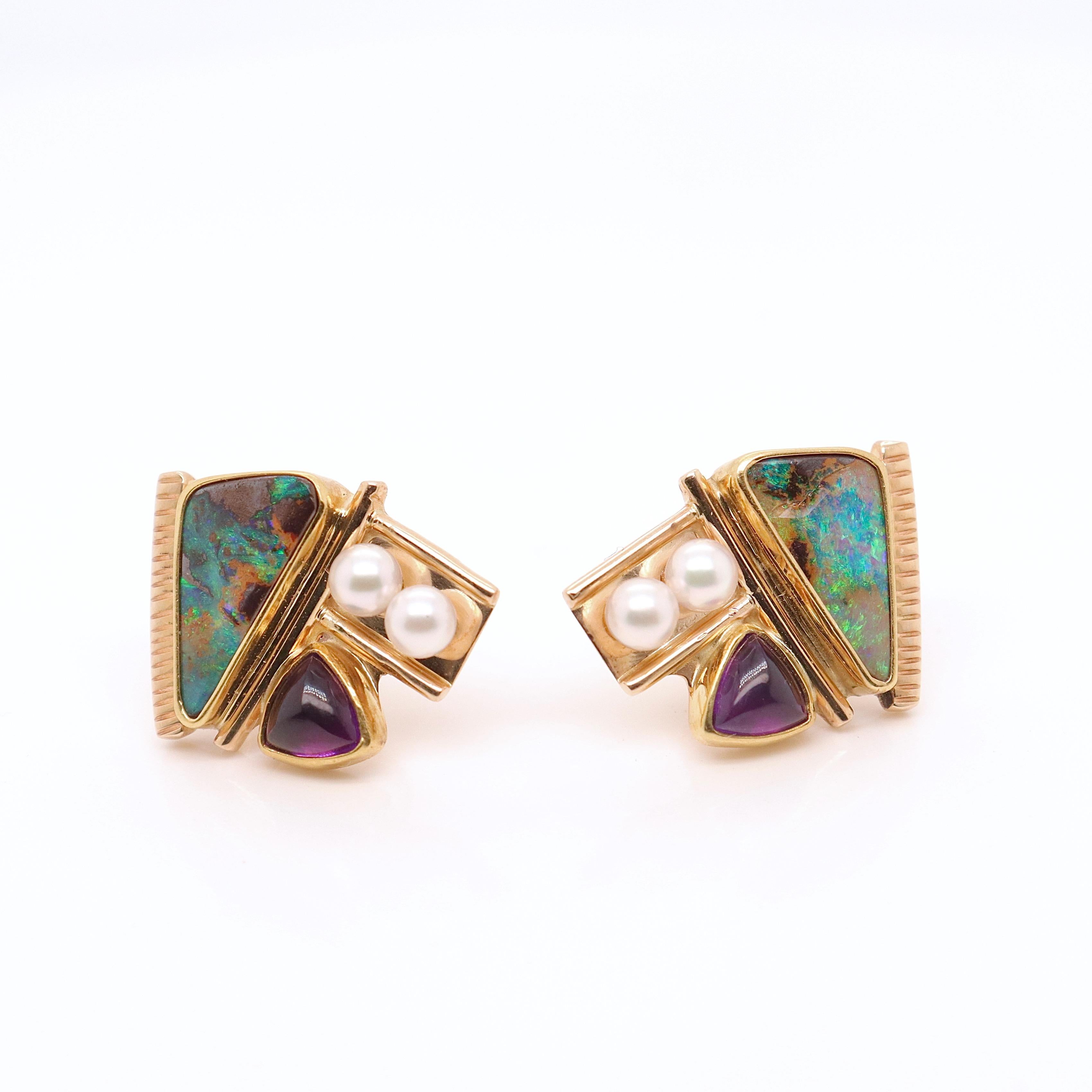 Signed Modernist High Karat Opal, Pearl, & Sugarloaf Amethyst Cabochon Earrings 2