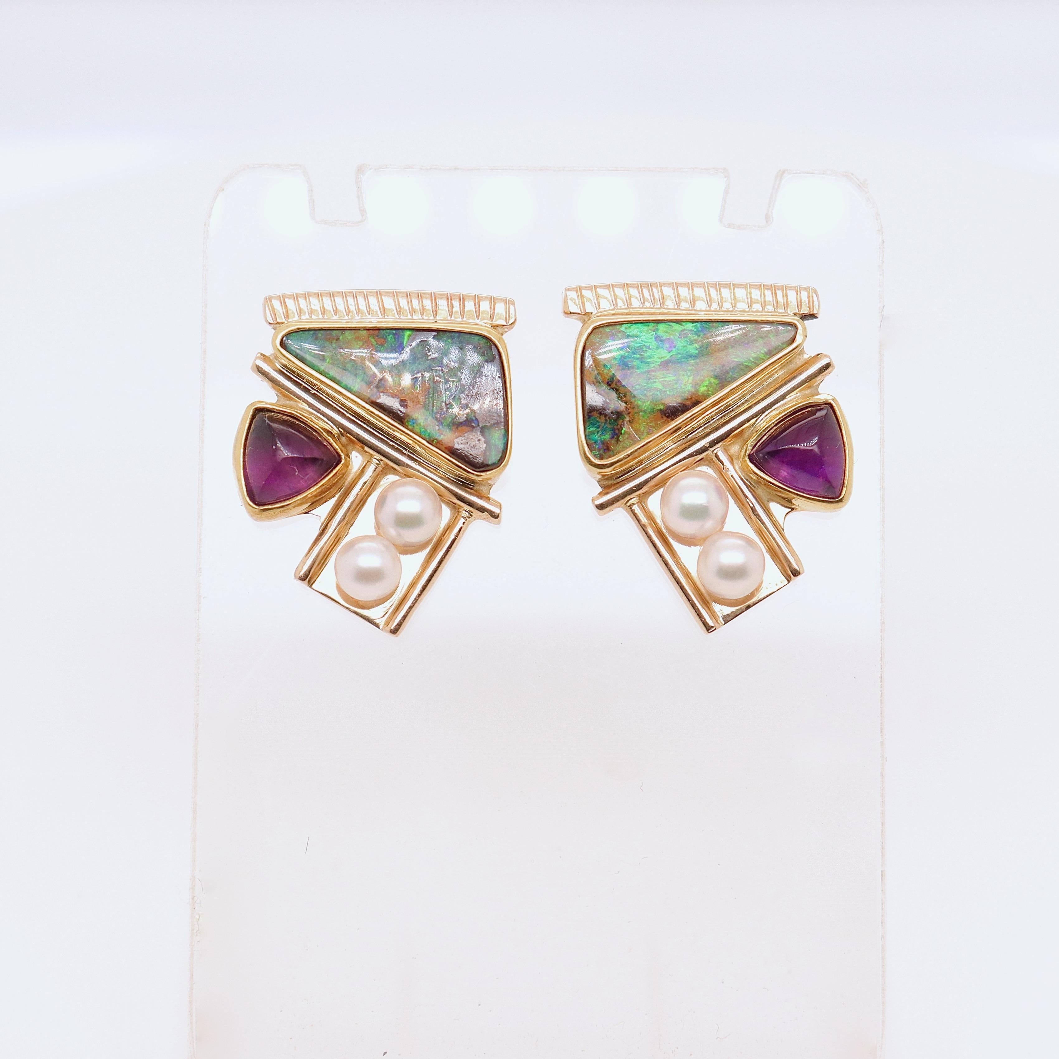 Signed Modernist High Karat Opal, Pearl, & Sugarloaf Amethyst Cabochon Earrings 3