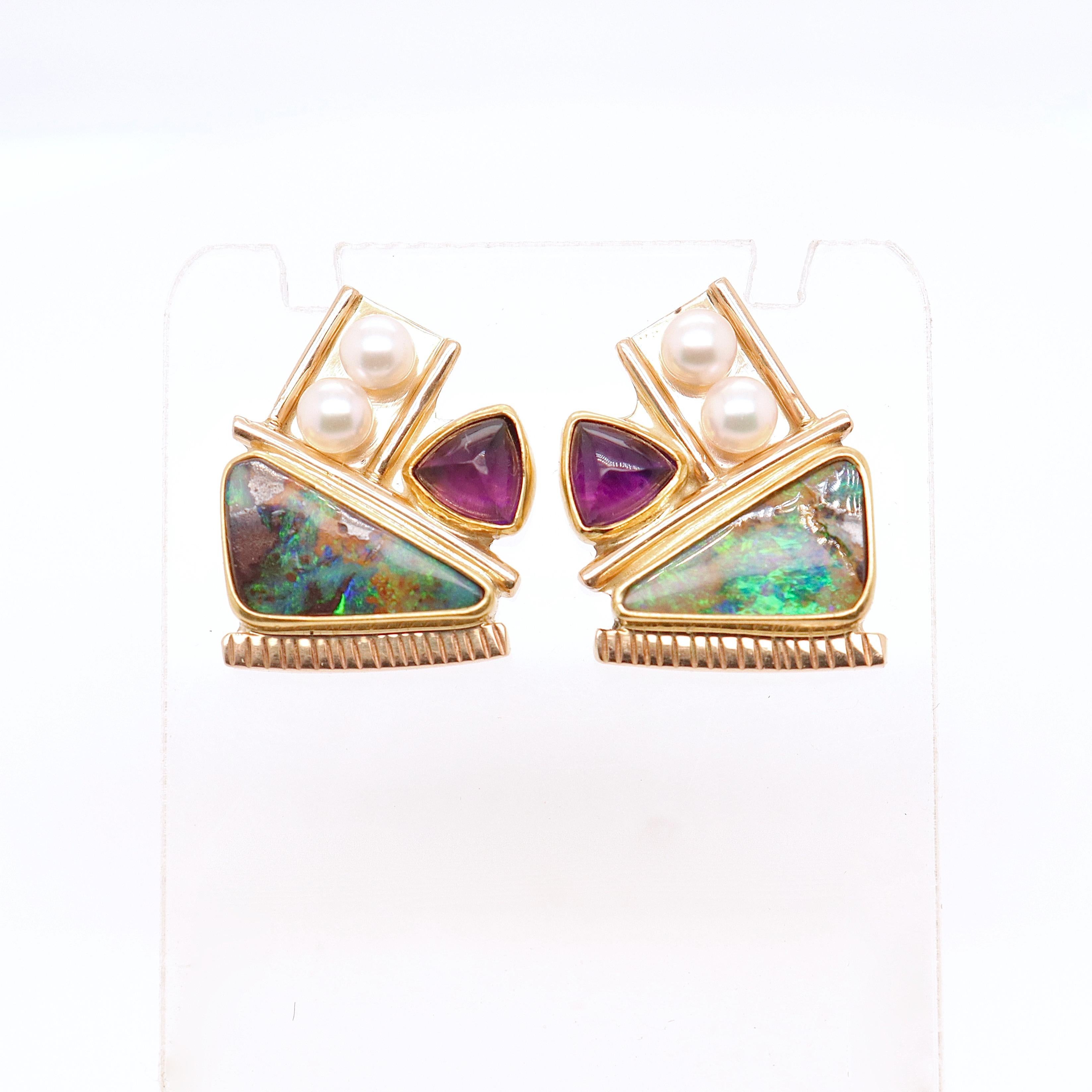 Signed Modernist High Karat Opal, Pearl, & Sugarloaf Amethyst Cabochon Earrings 4