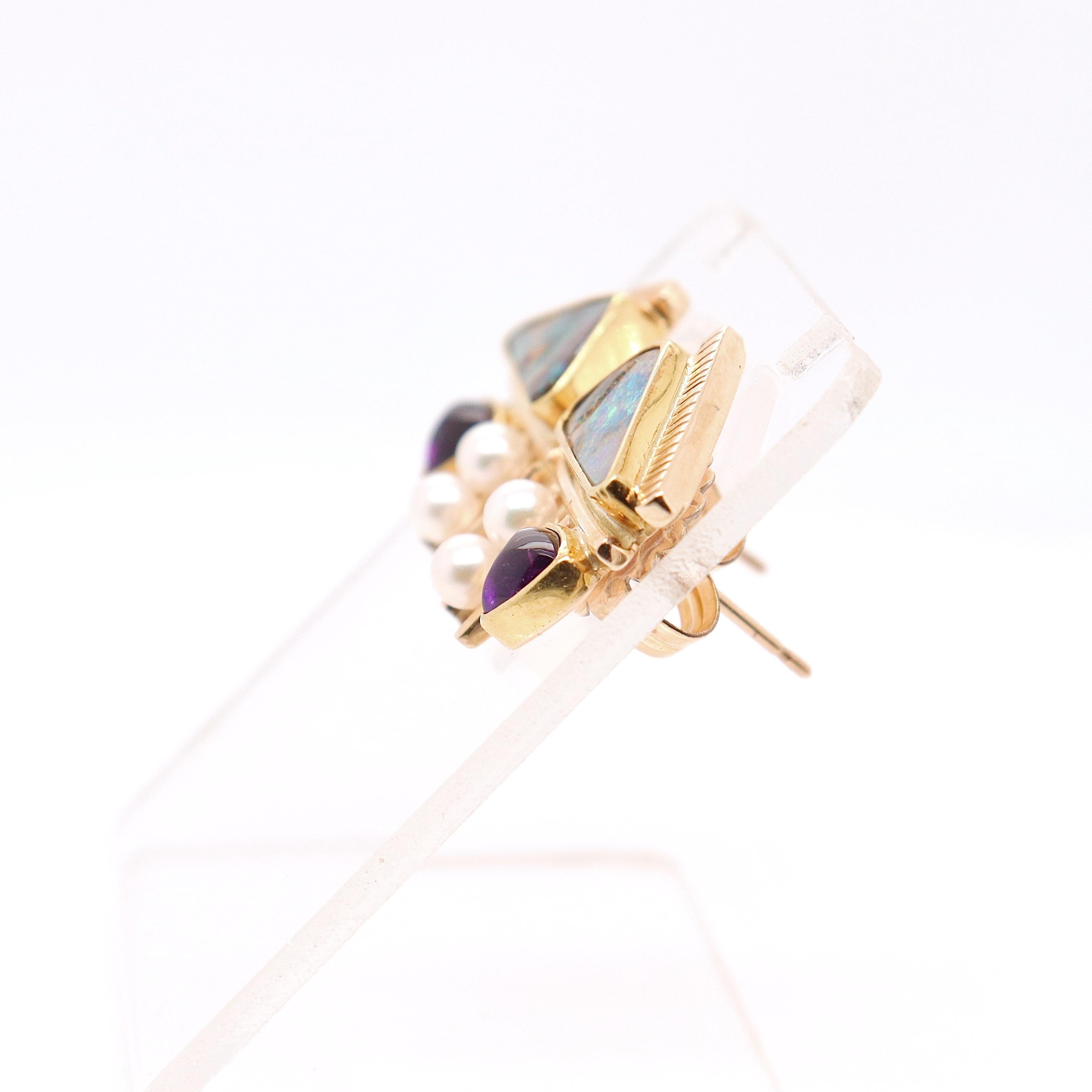 Signed Modernist High Karat Opal, Pearl, & Sugarloaf Amethyst Cabochon Earrings 5