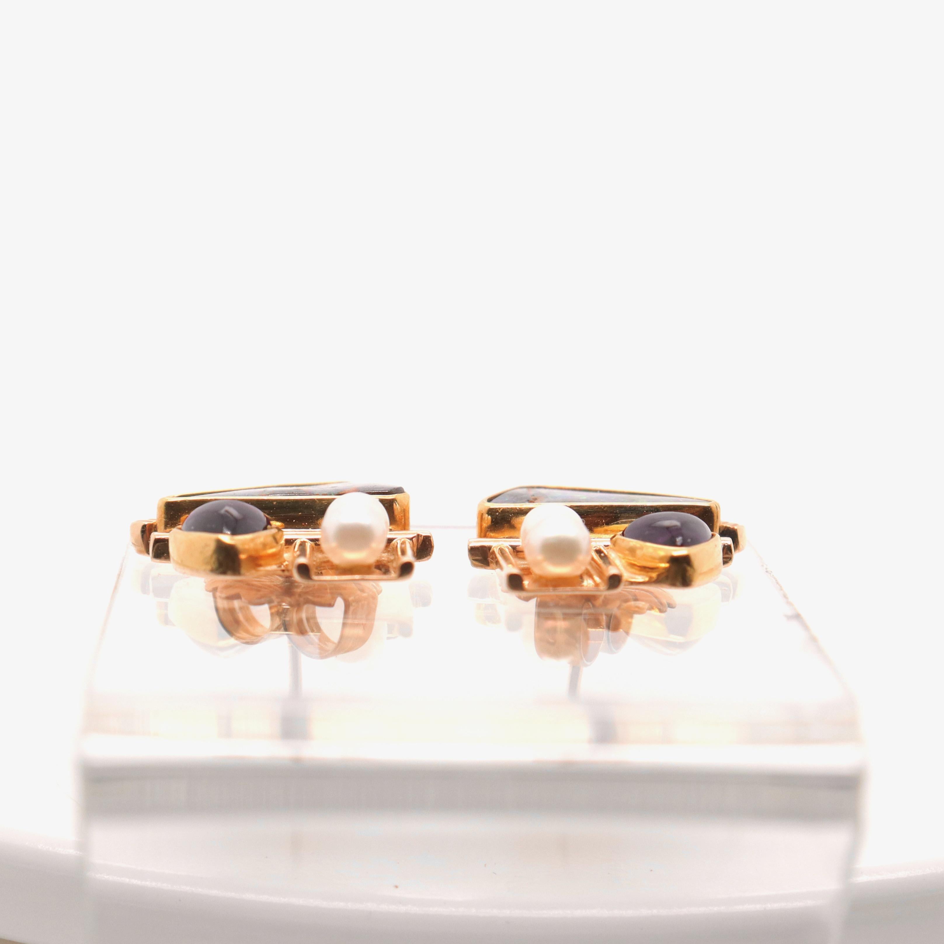 Sugarloaf Cabochon Signed Modernist High Karat Opal, Pearl, & Sugarloaf Amethyst Cabochon Earrings