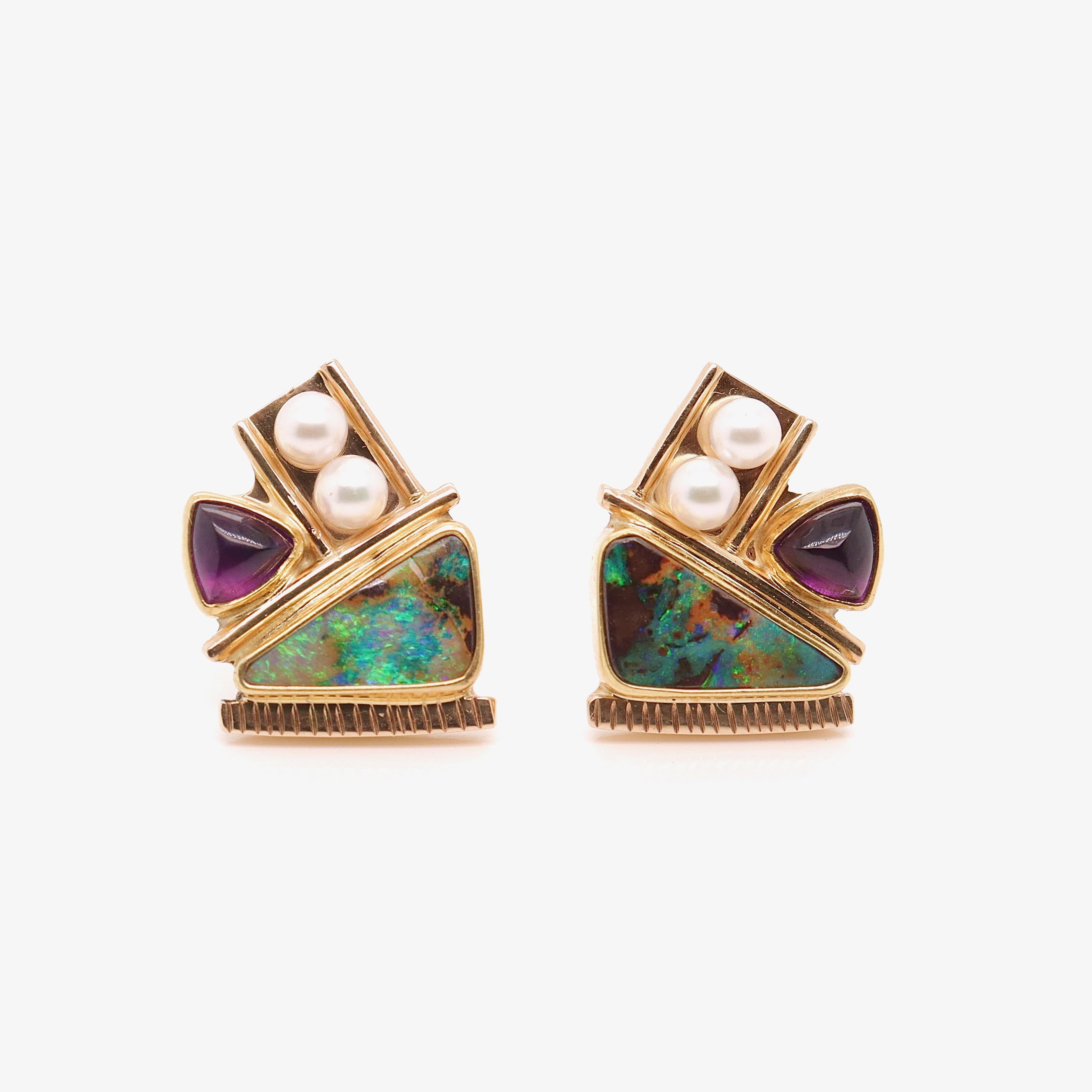 Women's or Men's Signed Modernist High Karat Opal, Pearl, & Sugarloaf Amethyst Cabochon Earrings