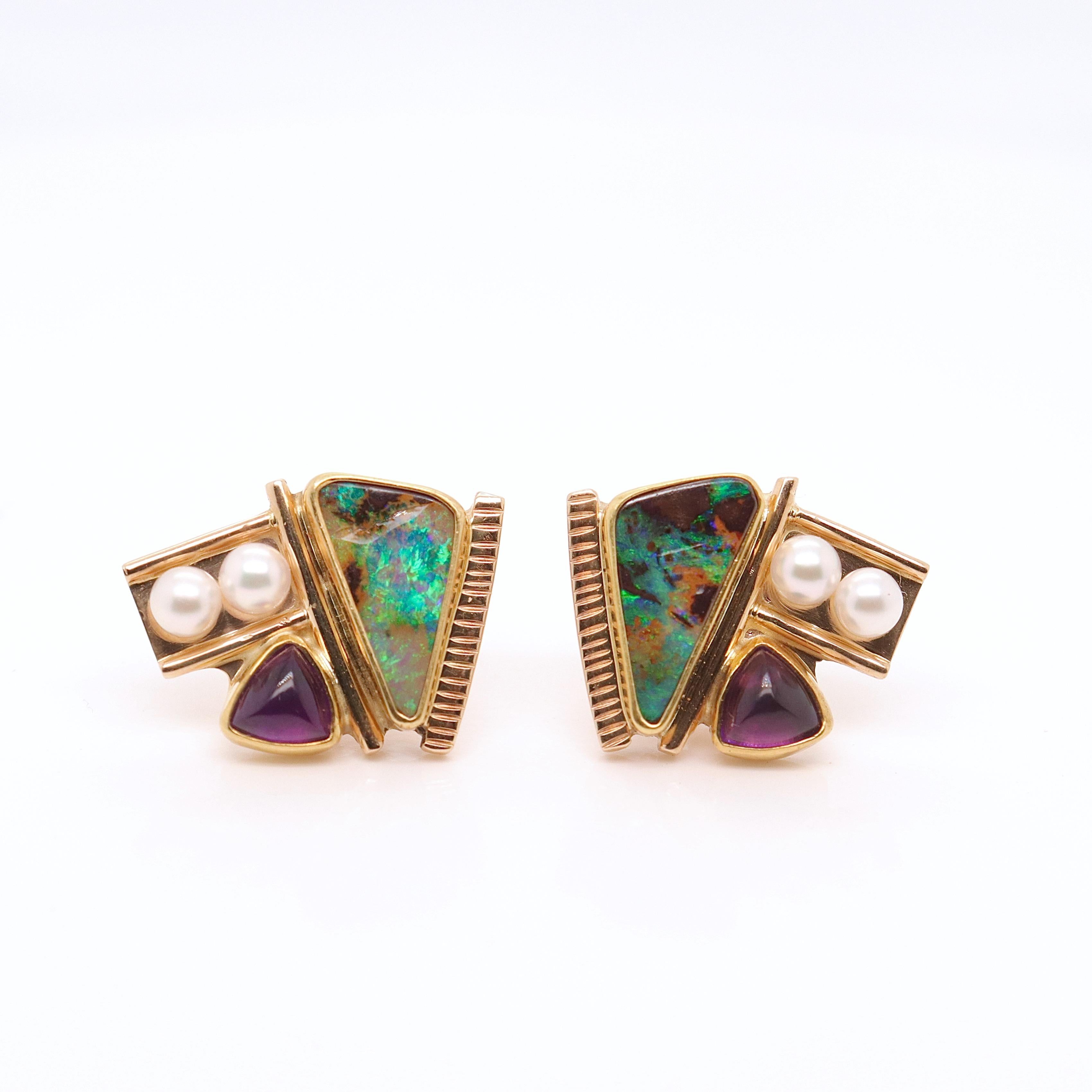 Signed Modernist High Karat Opal, Pearl, & Sugarloaf Amethyst Cabochon Earrings 1