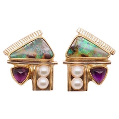 Signed Modernist High Karat Opal, Pearl, & Sugarloaf Amethyst Cabochon Earrings