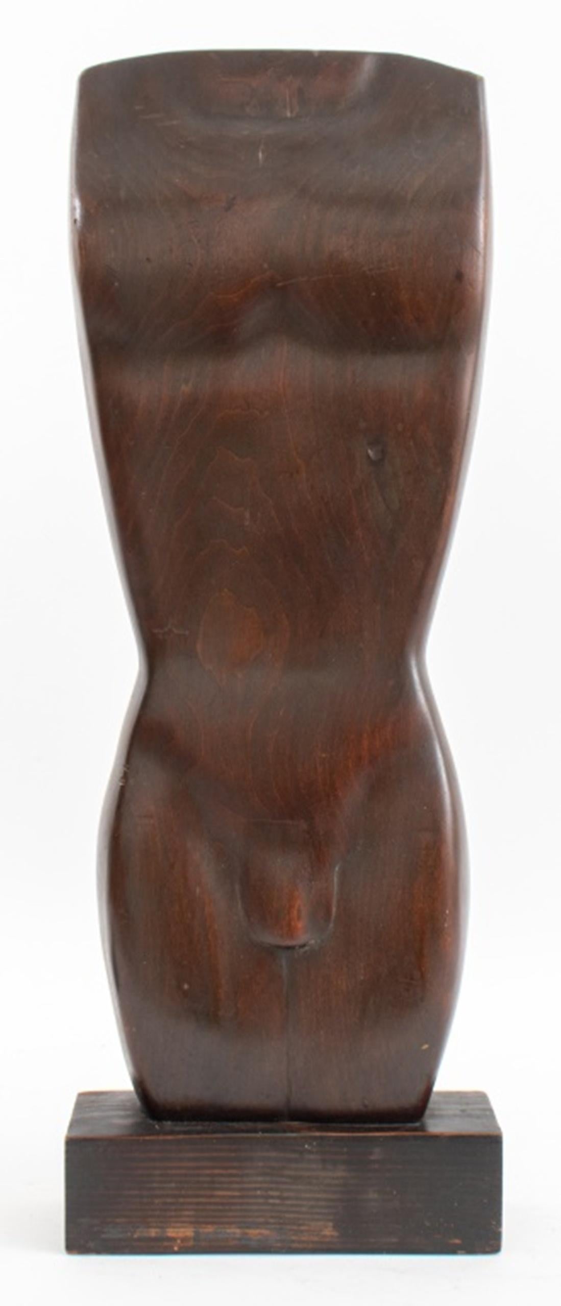 Modernist sculpture of a nude man, initialed F.L., stained hardwood.

Dimensions: 25