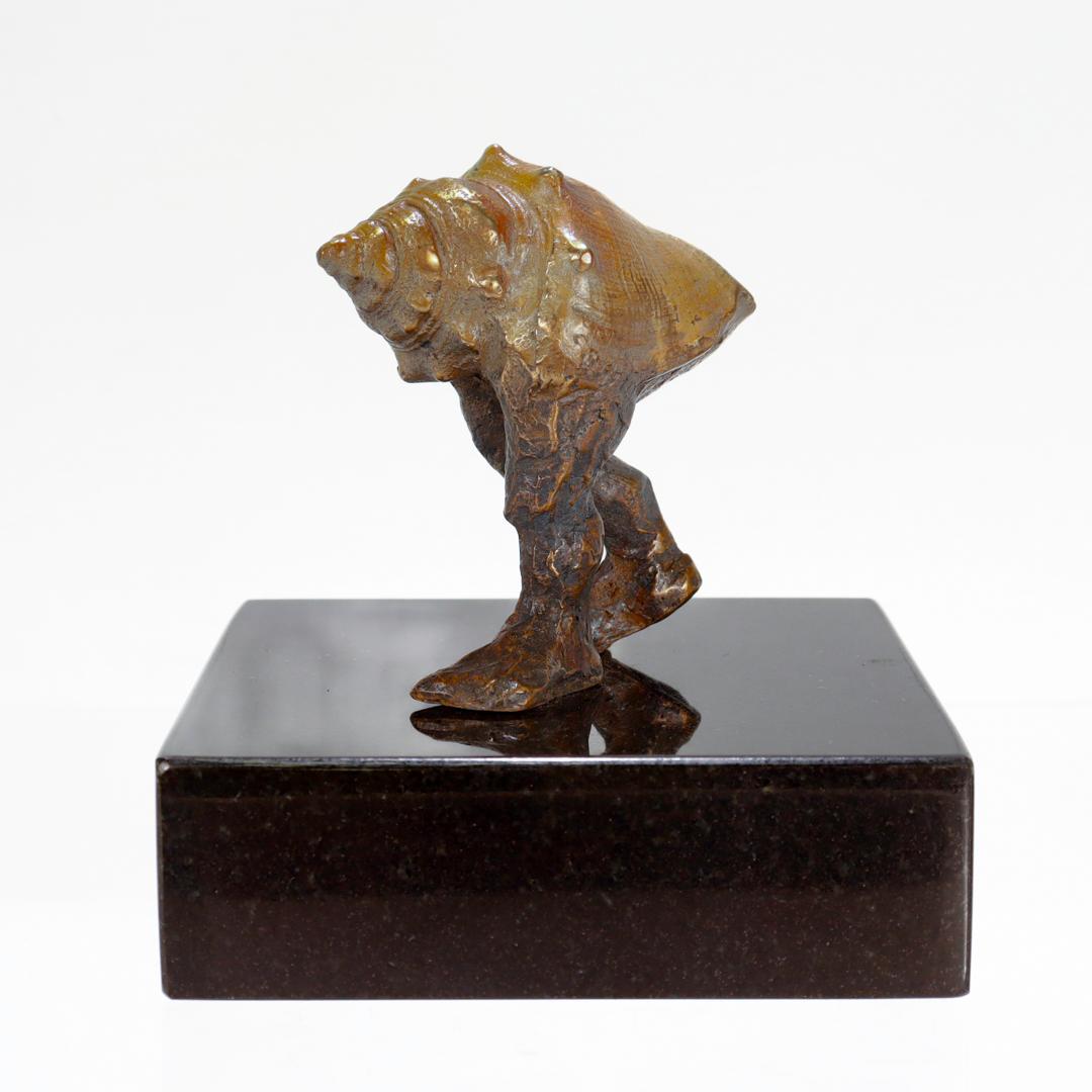 Signed Modernist Surreal Bronze Sculpture of a Walking Conch Shell with Leg For Sale 1