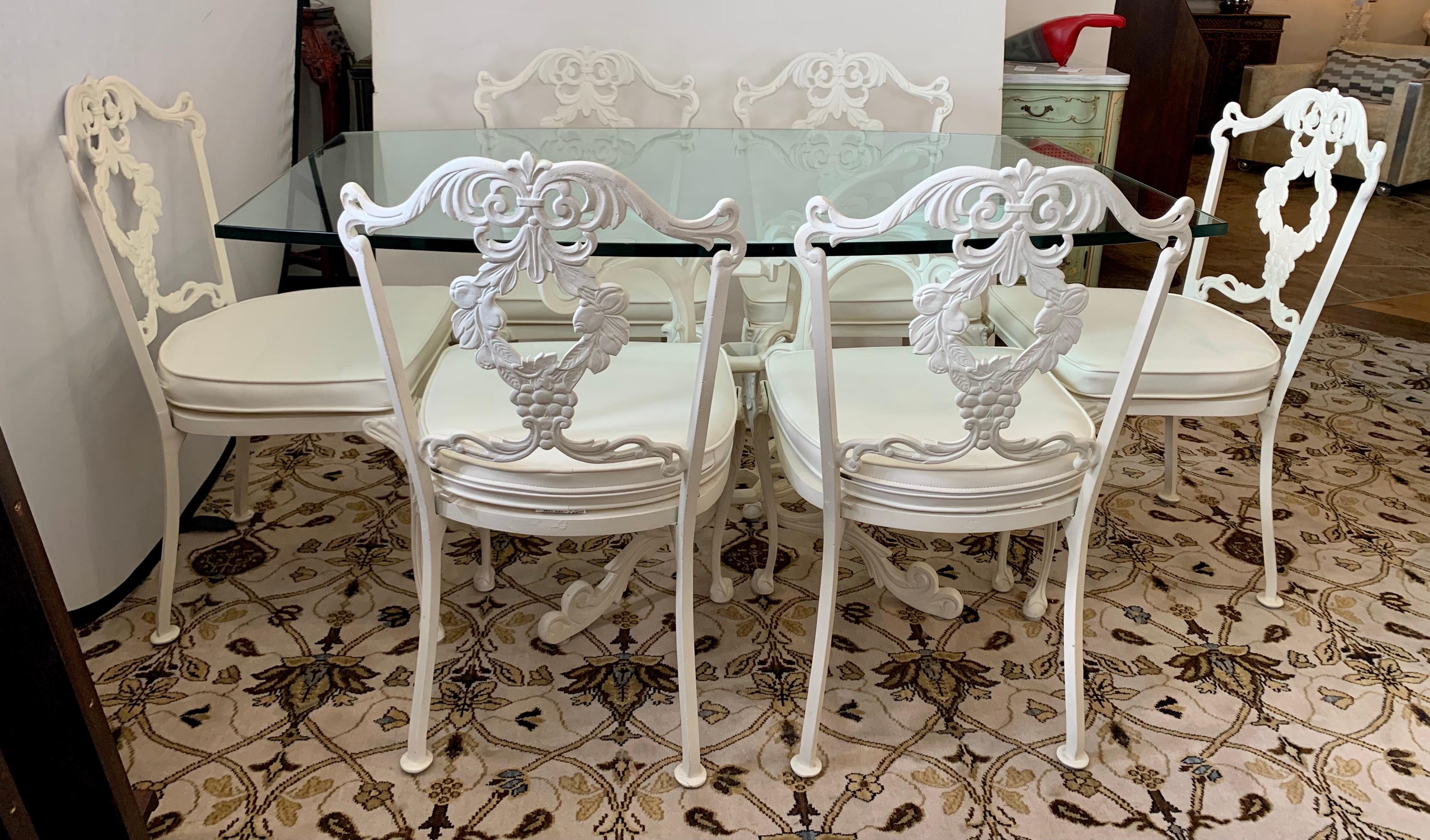 Late 20th Century Signed Molla White Cast Aluminum 7 Pc Patio Dining Set, Table and 6 Chairs