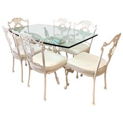 Ensemble de salle à manger de patio de 7 pièces en aluminium coulé blanc, table et 6 chaises, signé Molla