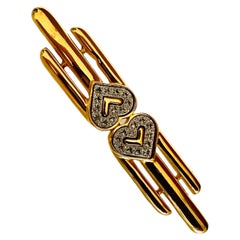 Retro Signed Monet Art Deco Style Rhinestone Gold Plated Hearts Motif Brooch Pin