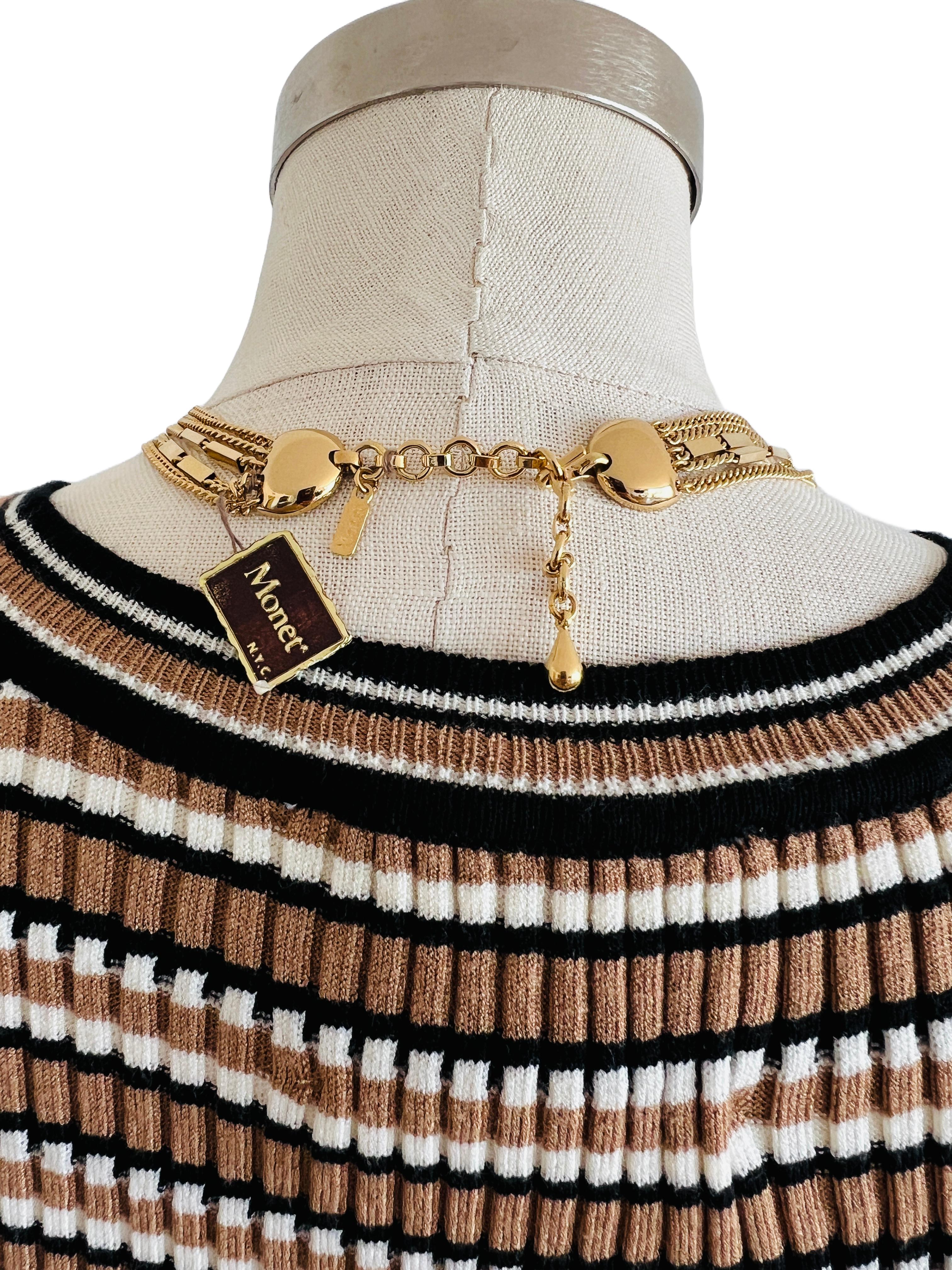 Women's Signed Monet Statement Gold Curb 5 Multi Chain Choker Layered Necklace For Sale