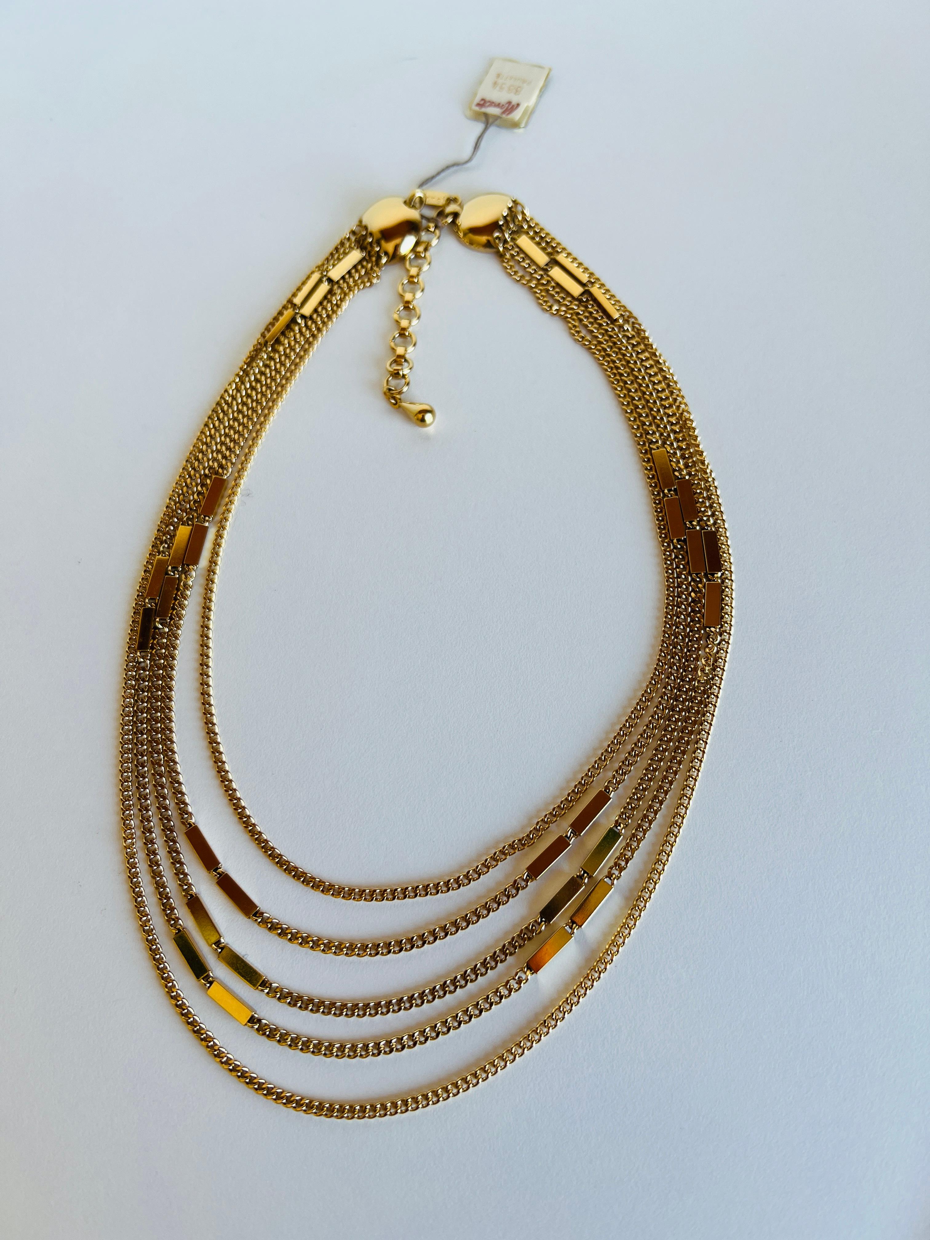 Signed Monet Statement Gold Curb 5 Multi Chain Choker Layered Necklace For Sale 1